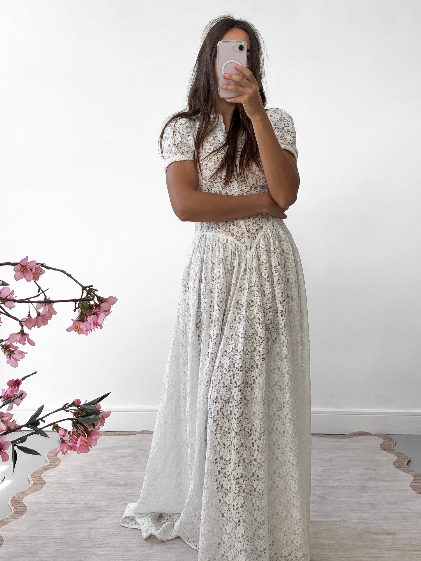 1930s Ivory Floral Lace Wedding Dress With Puff Sleeves And Sweep Train