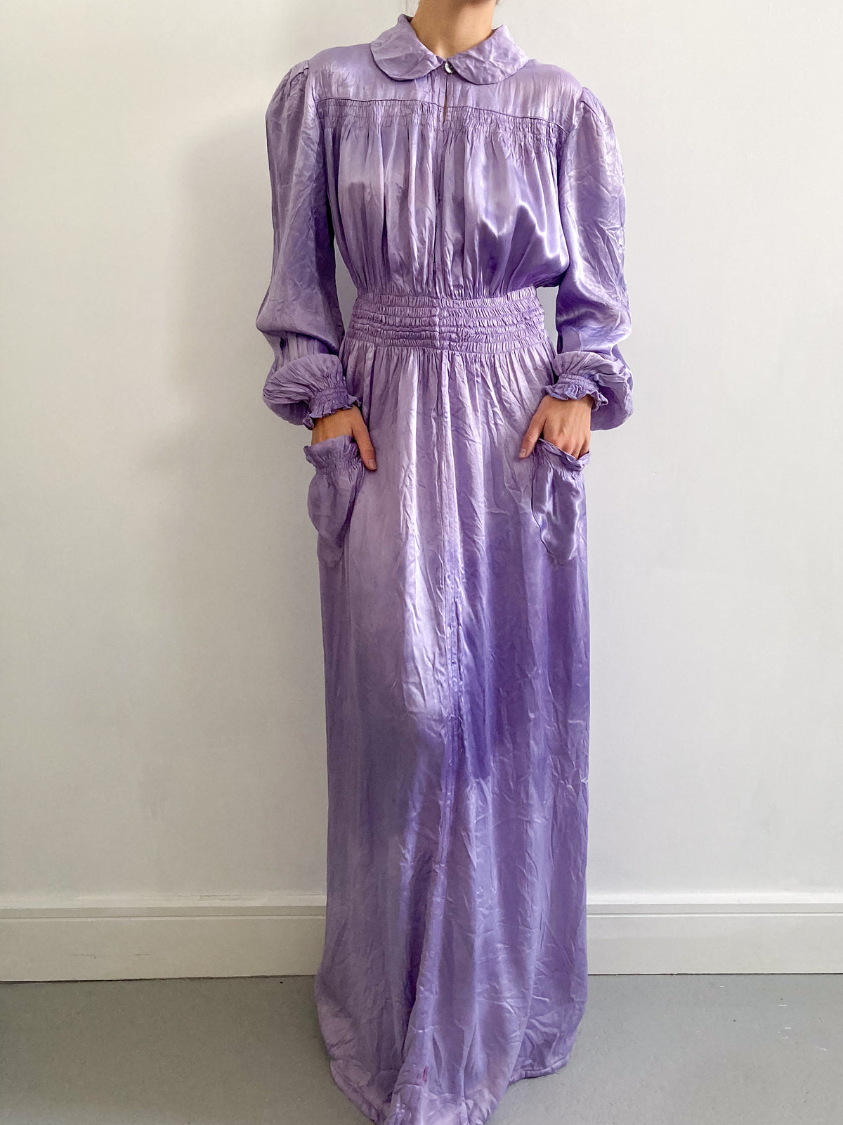 1930s Hand Dyed Satin Puff Sleeve Robe in Wisteria