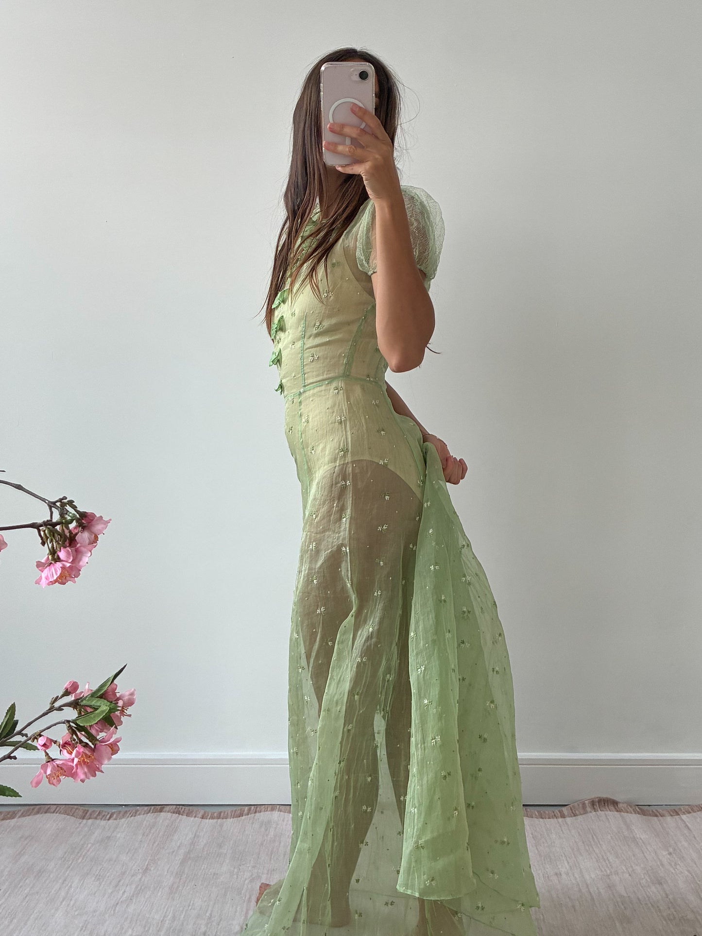 1930s Green Organza Dress With Bow Detail And Floral Embroidery M