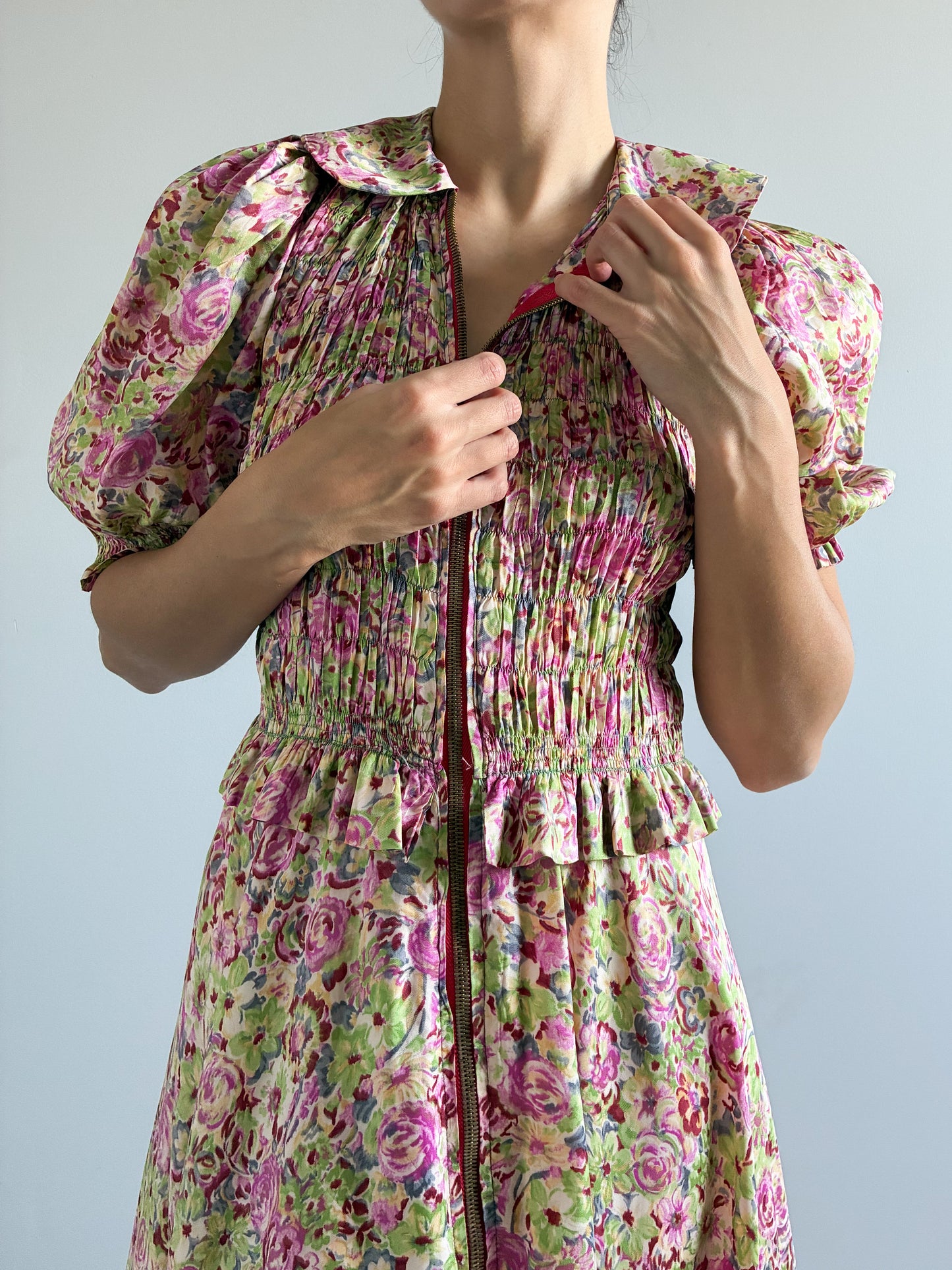 1930s Asymmetrical Floral Puff Sleeve Robe