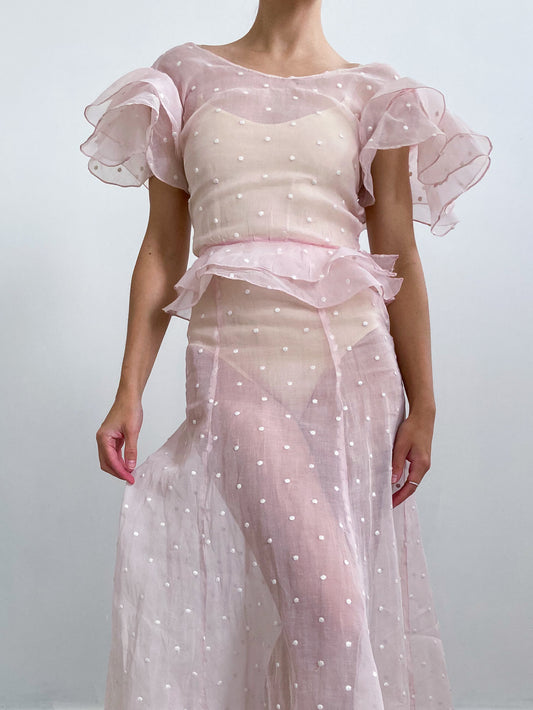 1930s Pink Dotted Cotton Organdy Dress with Ruffle Sleeves