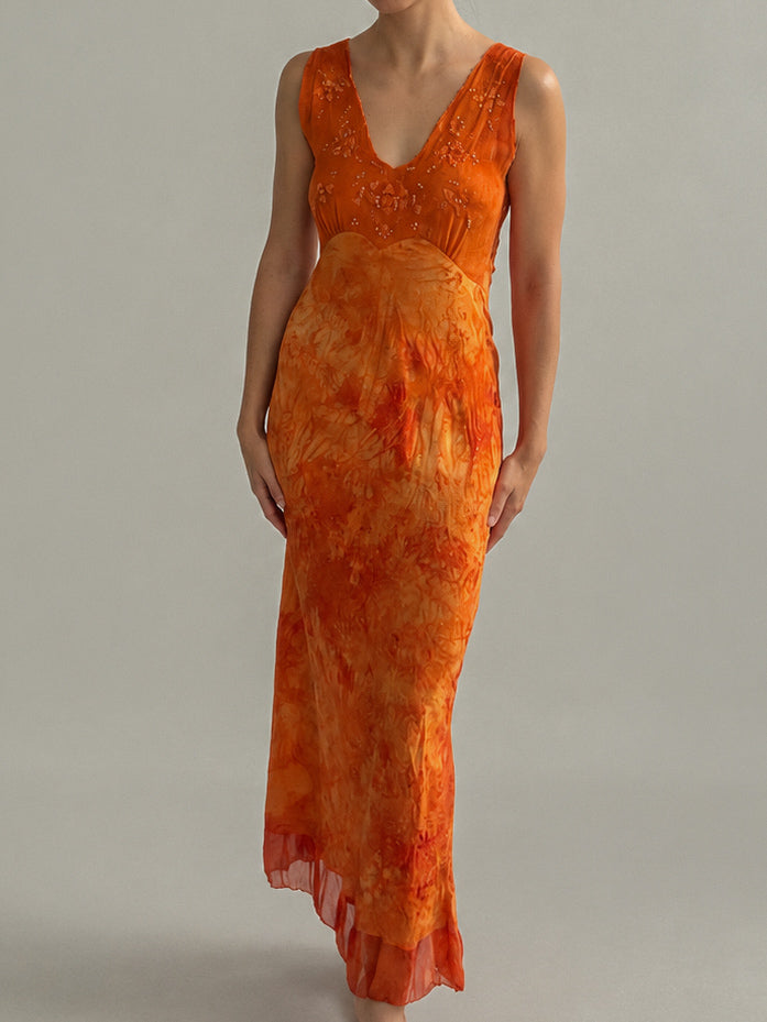 1930s Embroidered Silk & Chiffon Nightgown In Burnt Orange XS S