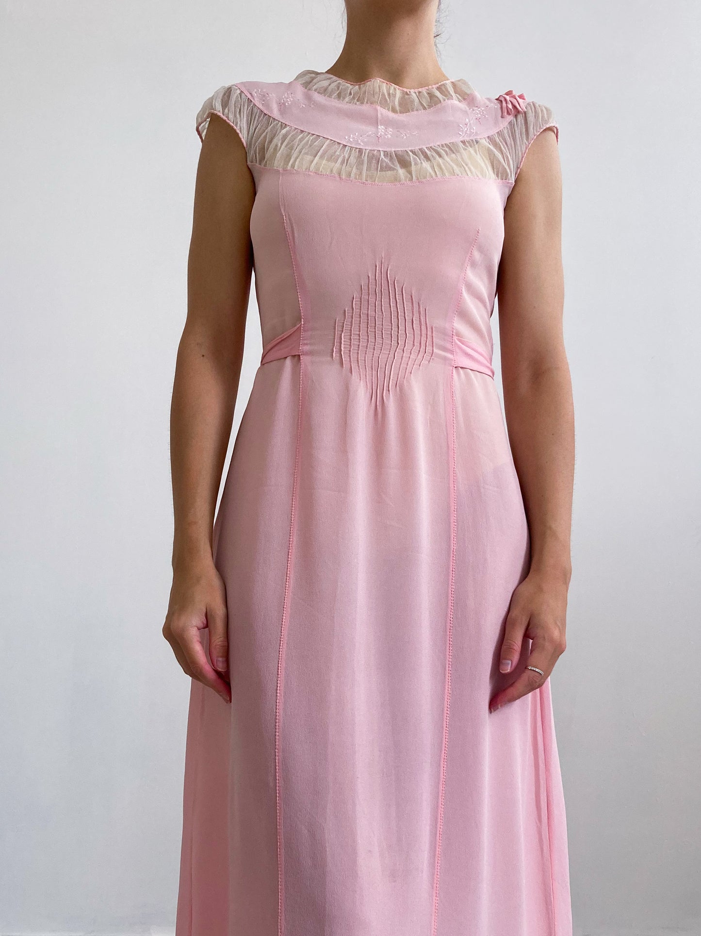 1930s Pink Crepe Slip With Mesh & Floral Embroidery