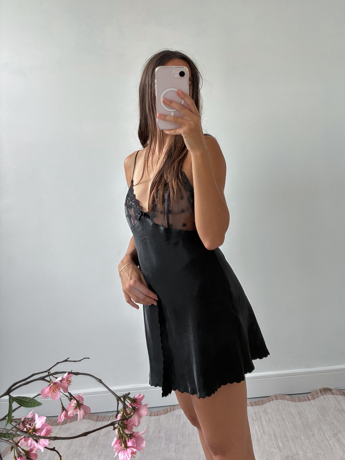 1990s Black Silk Mini Slip With Sheer Lace