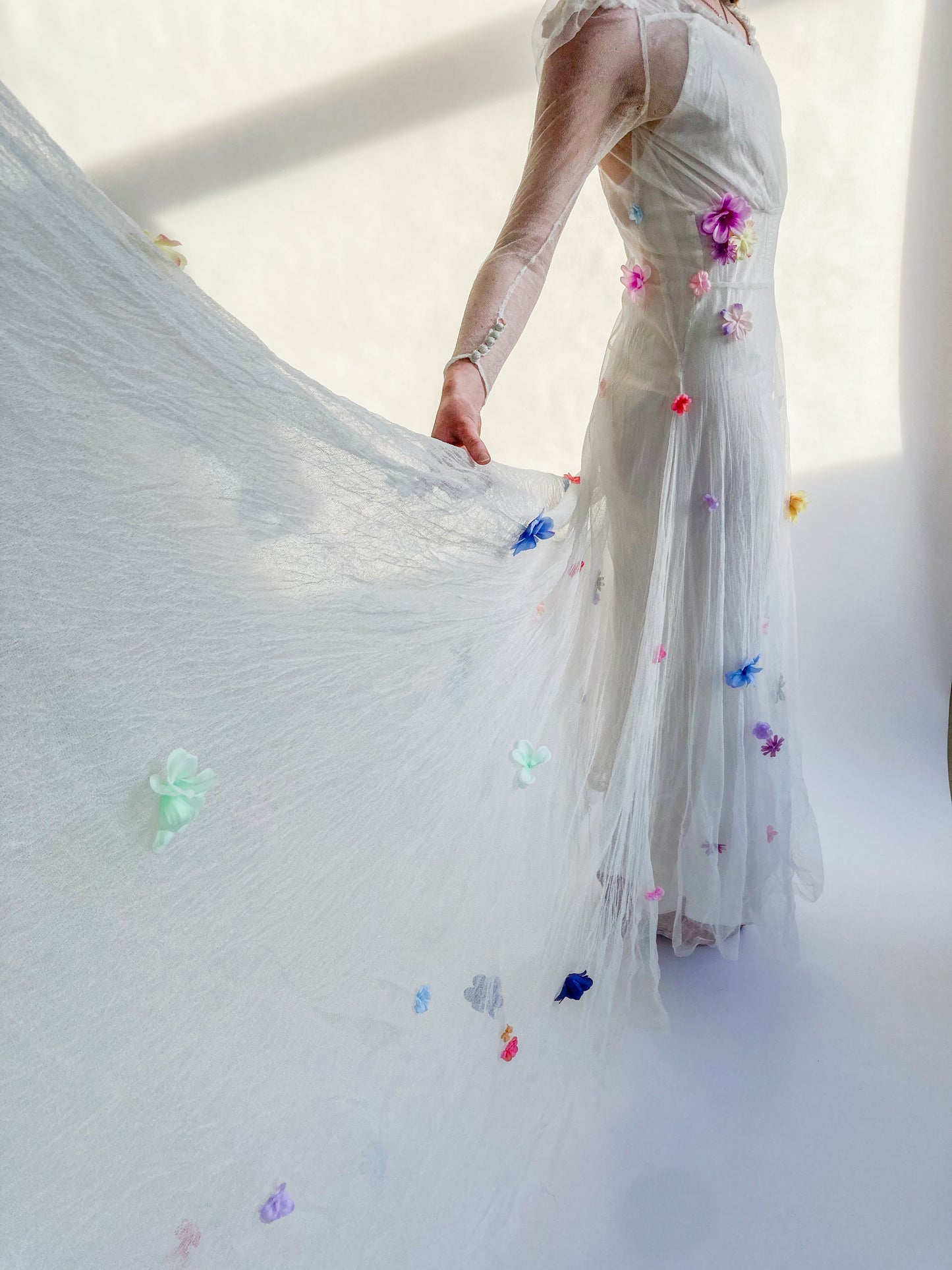 1930s Net Wedding Dress With Flowers and Cathedral Train