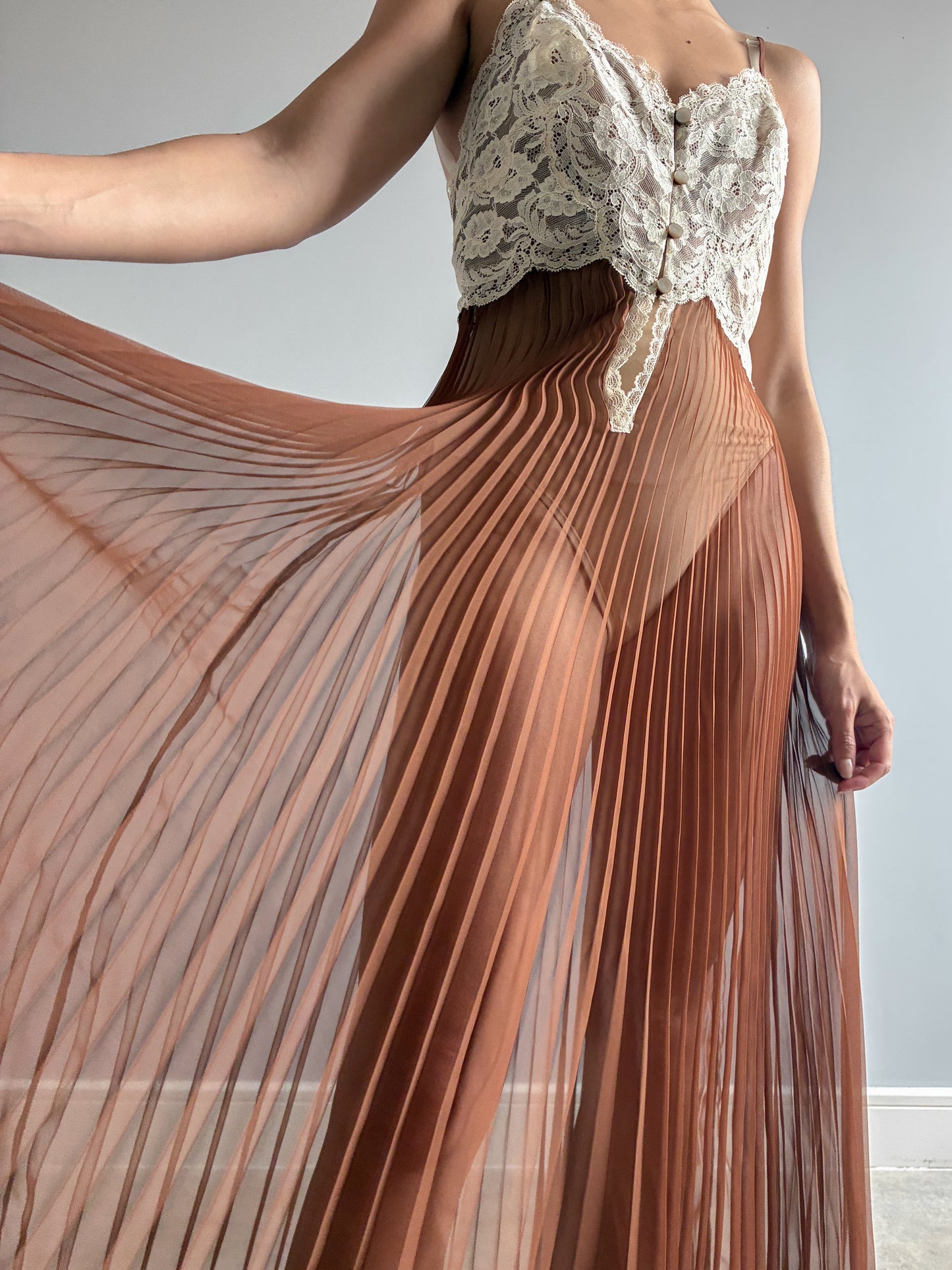 1970s Chocolate Pleated Nightdress with Cream Lace