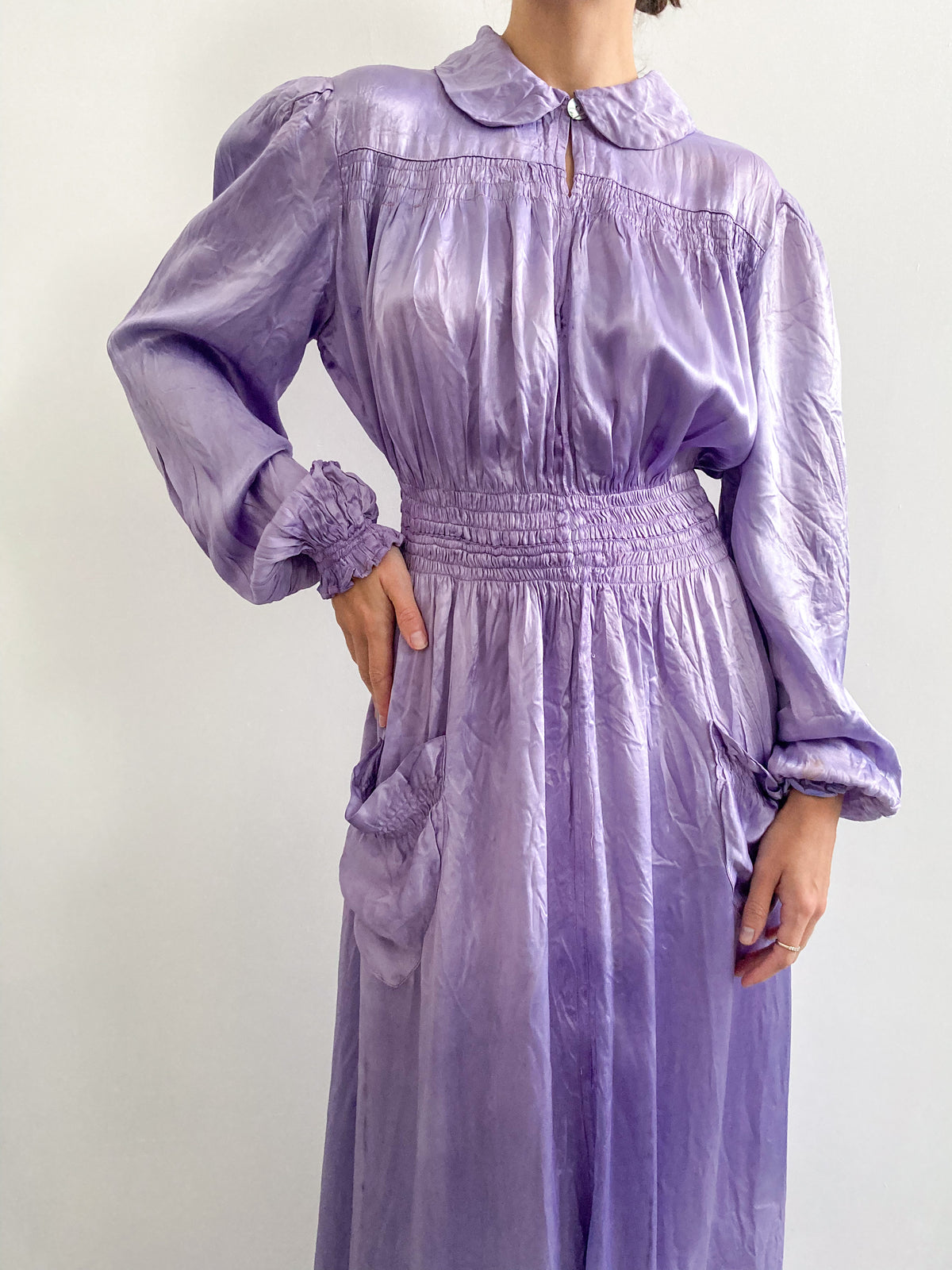 1930s Hand Dyed Satin Puff Sleeve Robe in Wisteria