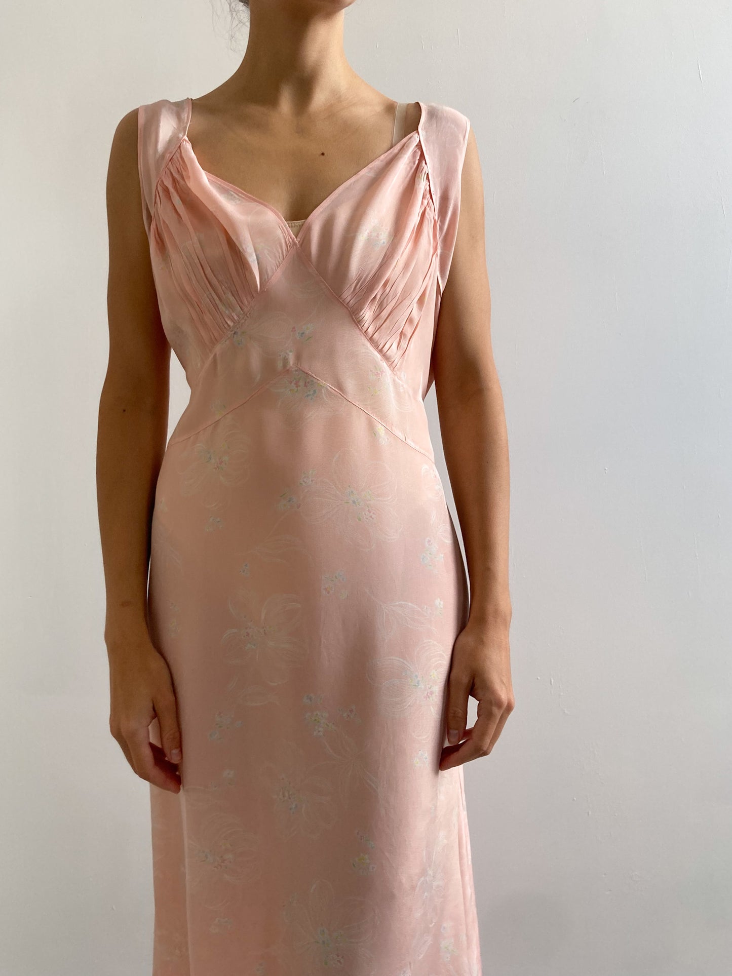 1940s Pink Gathered Slip Gown with Floral Print