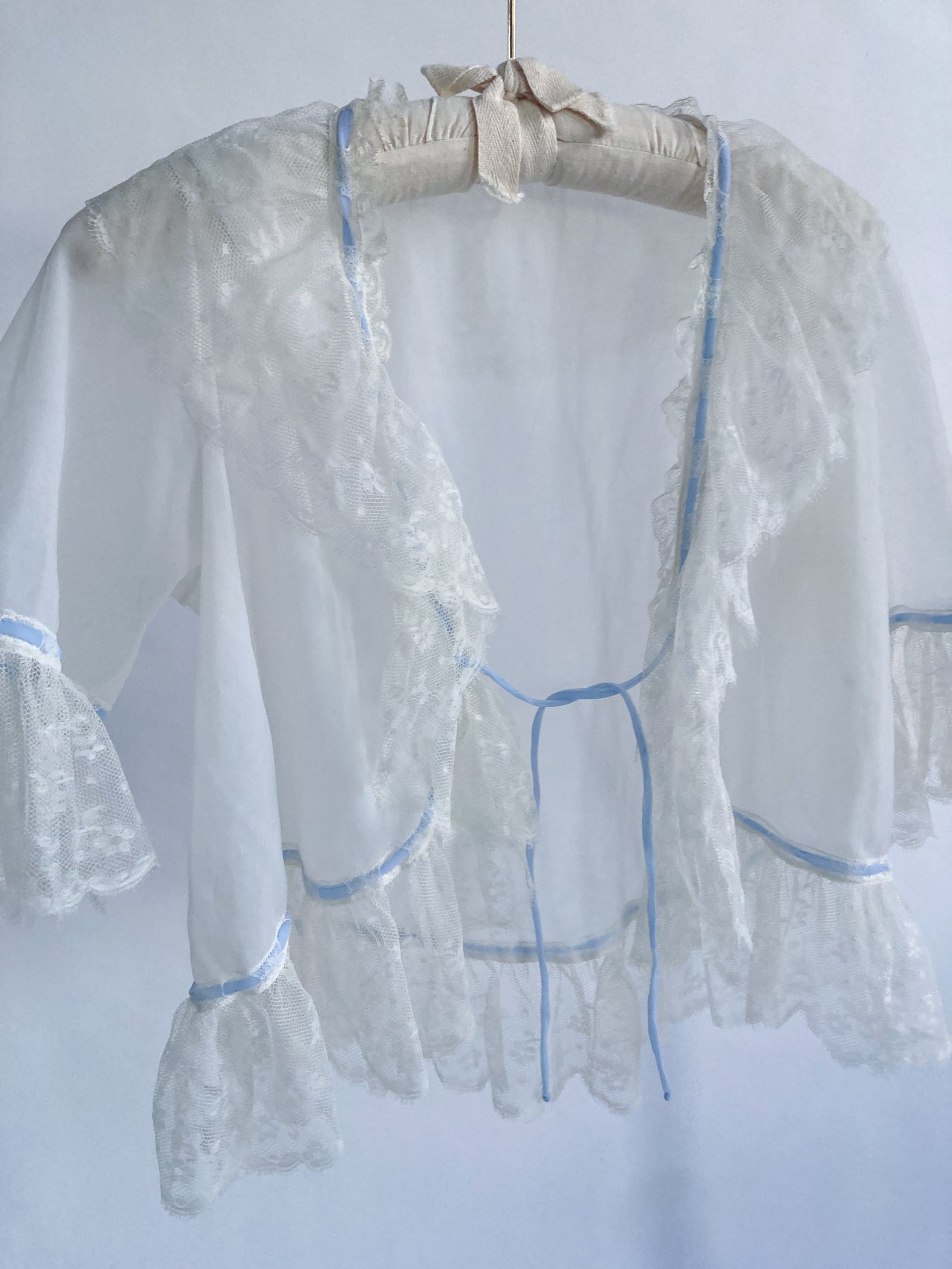 1940s Sheer Bed Jacket With Lace And Blue Ribbon