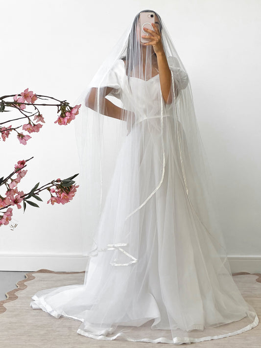 1983 Satin Puff Sleeve Gown With Chiffon Skirt And Scarf