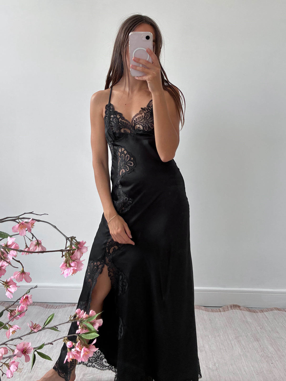 1970s Black Satin Slip With Lace And Side Opening S