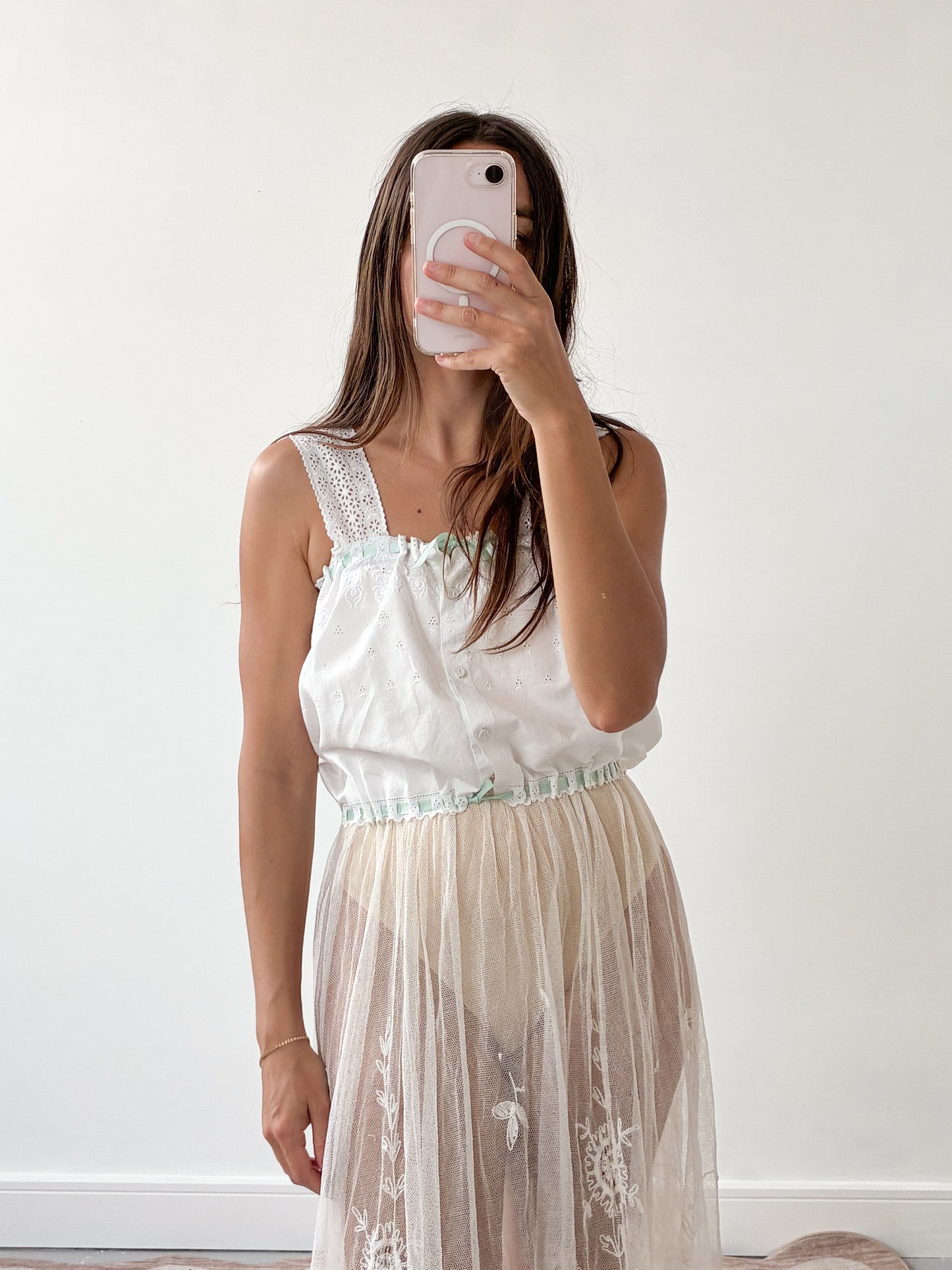 Antique Cotton Embroidered Camisole With Green Ribbon XS S