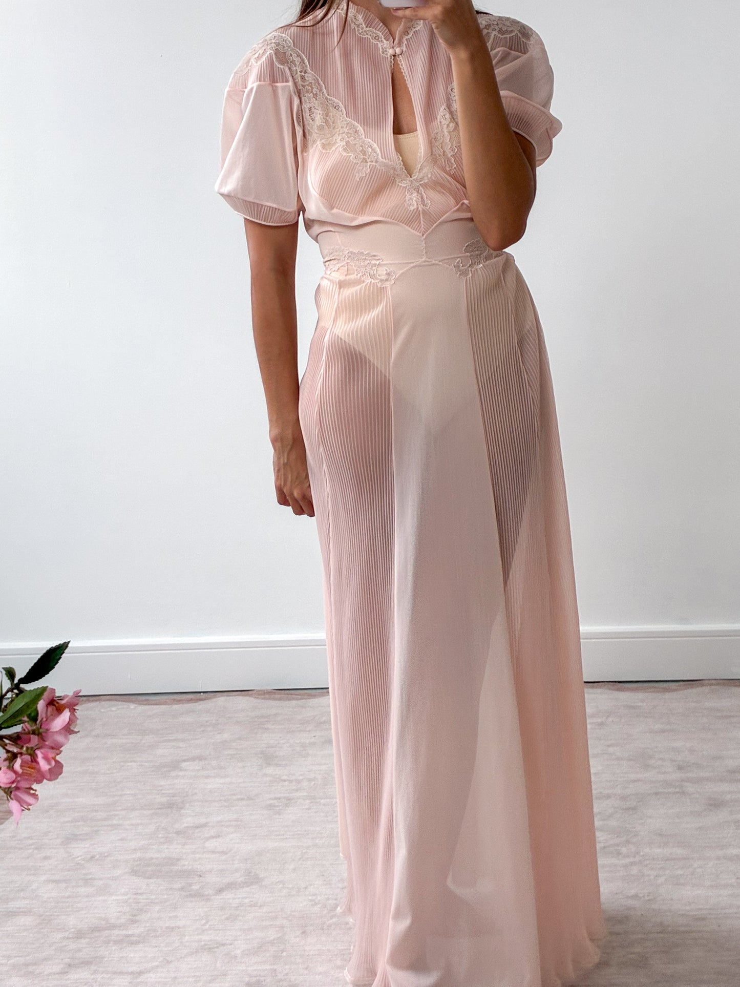 1970s Sheer Peach Nightgown With Lace Detail