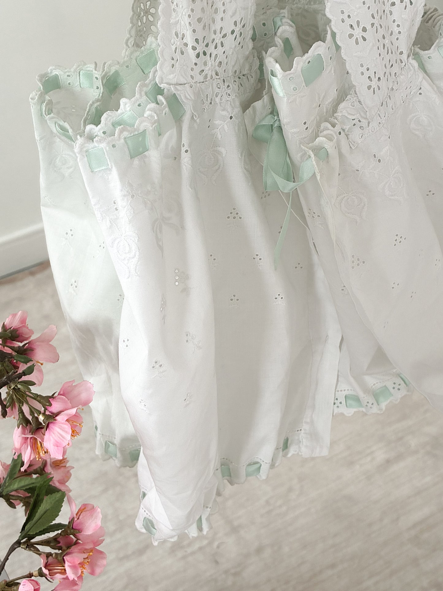 Antique Cotton Embroidered Camisole With Green Ribbon XS S