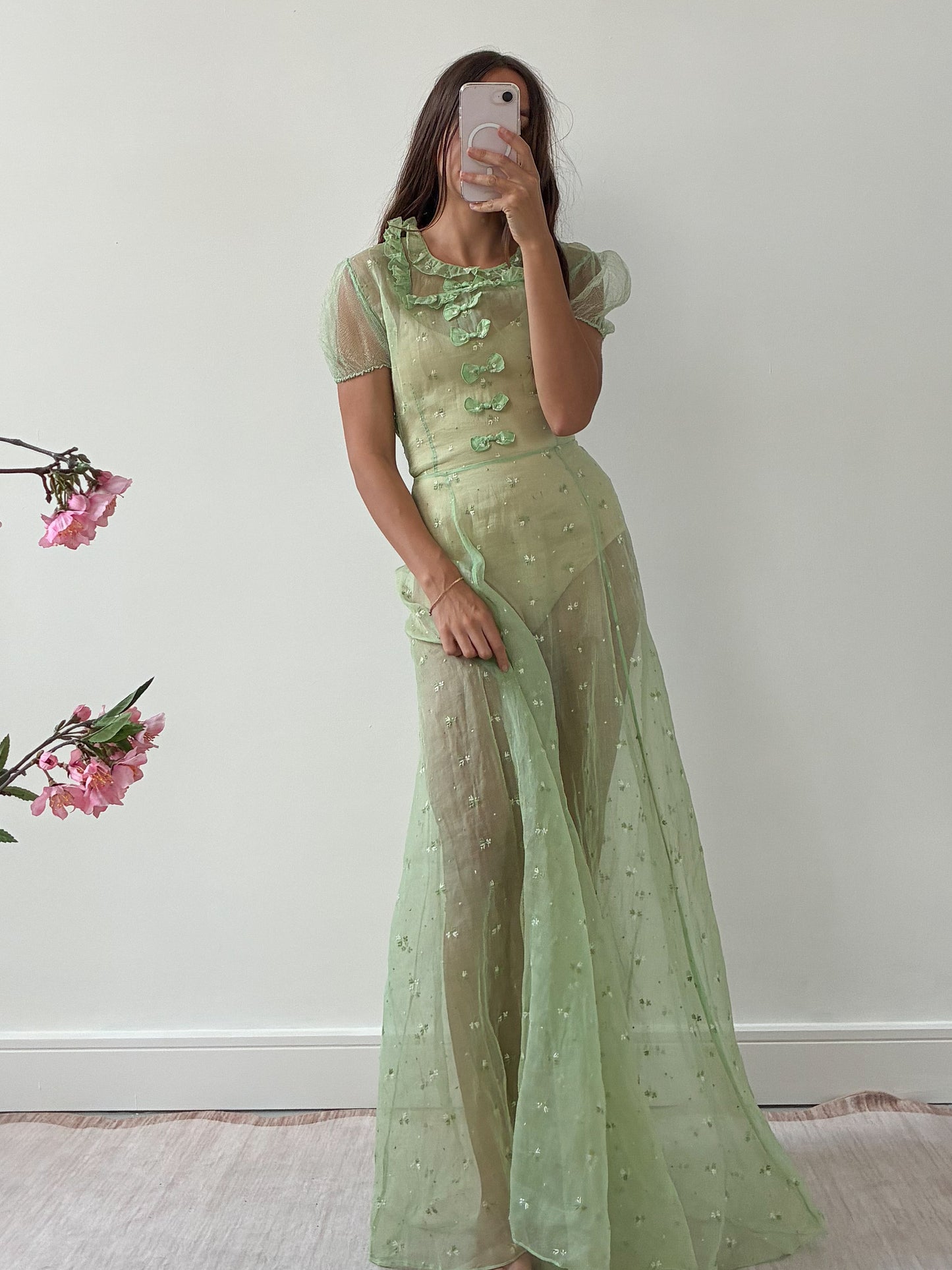 1930s Green Organza Dress With Bow Detail And Floral Embroidery M