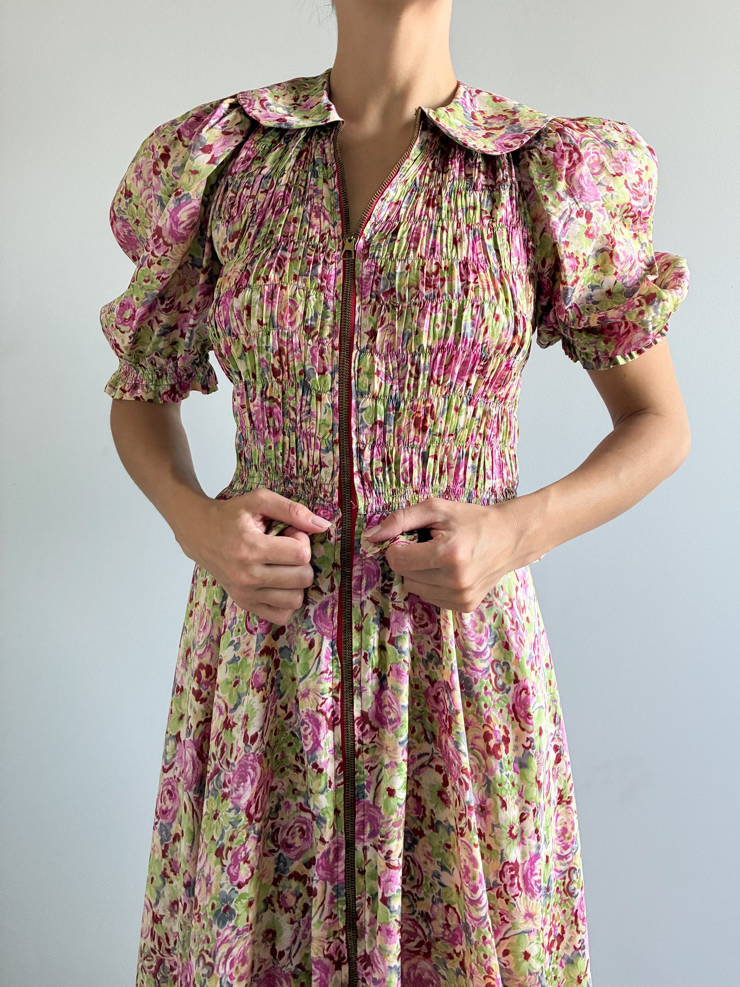 1930s Asymmetrical Floral Puff Sleeve Robe