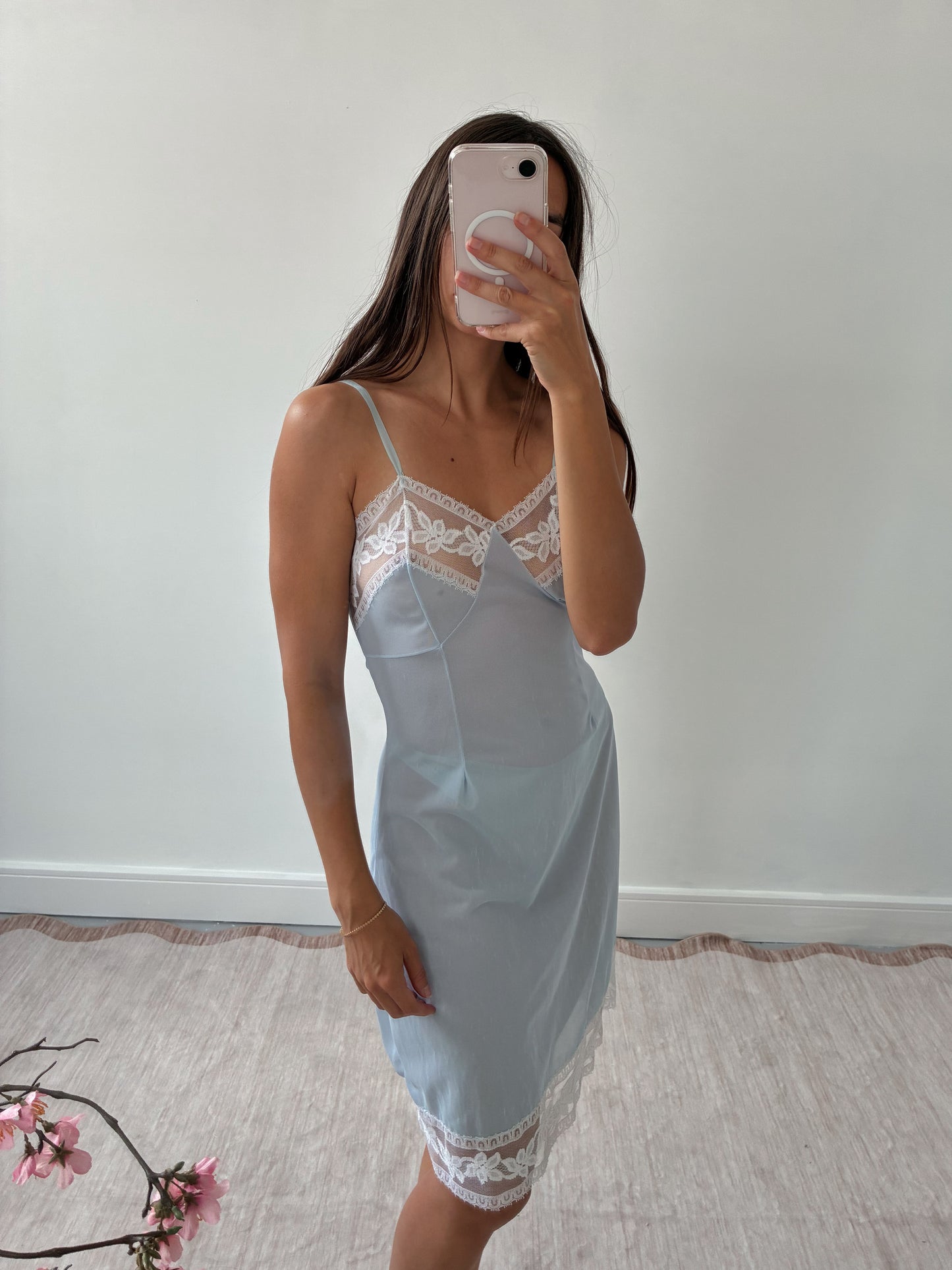1940s Powder Blue Midi Slip With White Lace M
