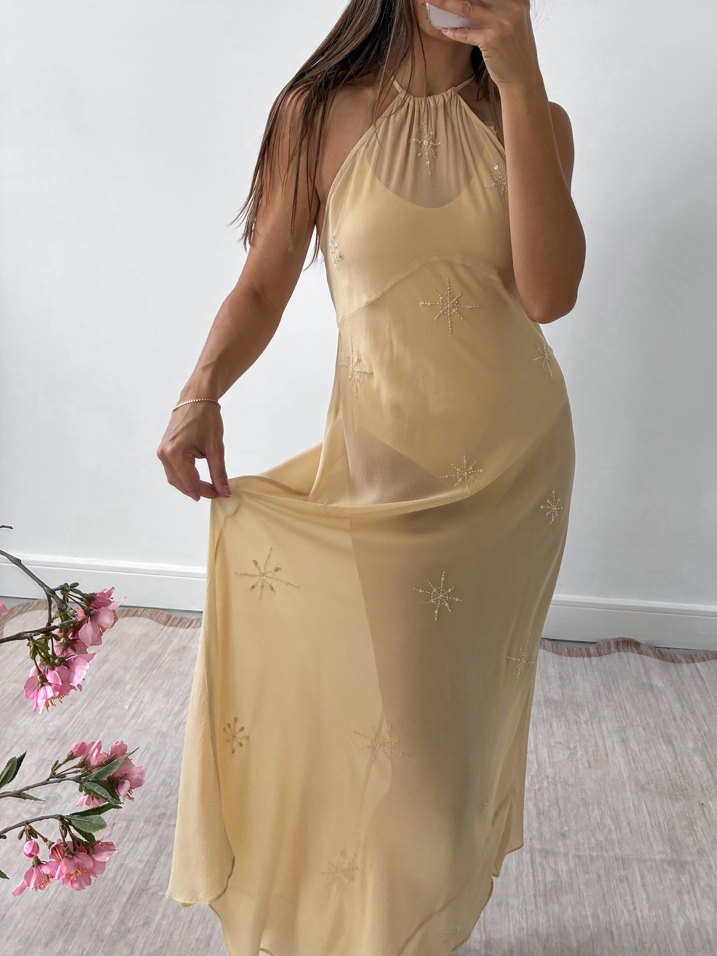 1990s Yellow Silk Chiffon Halterneck Slip Gown