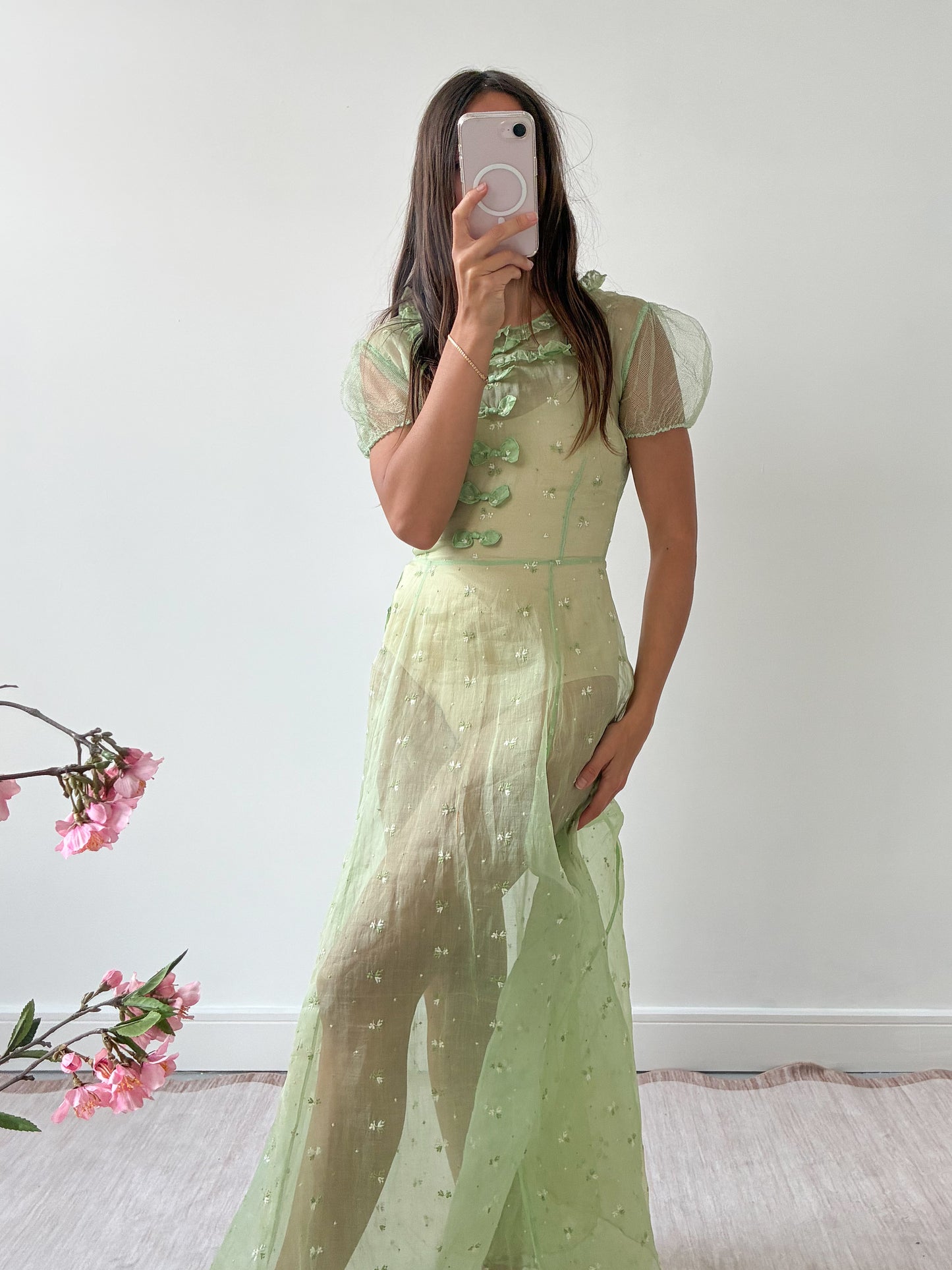 1930s Green Organza Dress With Bow Detail And Floral Embroidery M