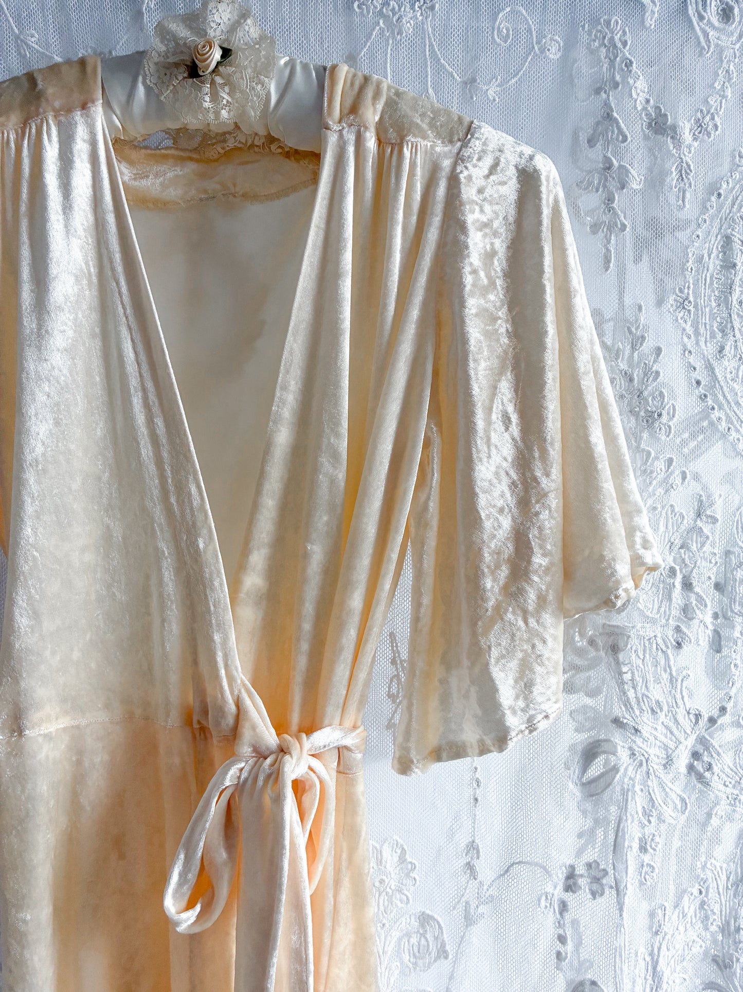 1970s Crushed Velvet Robe With Triangle Sleeves In Buttercream
