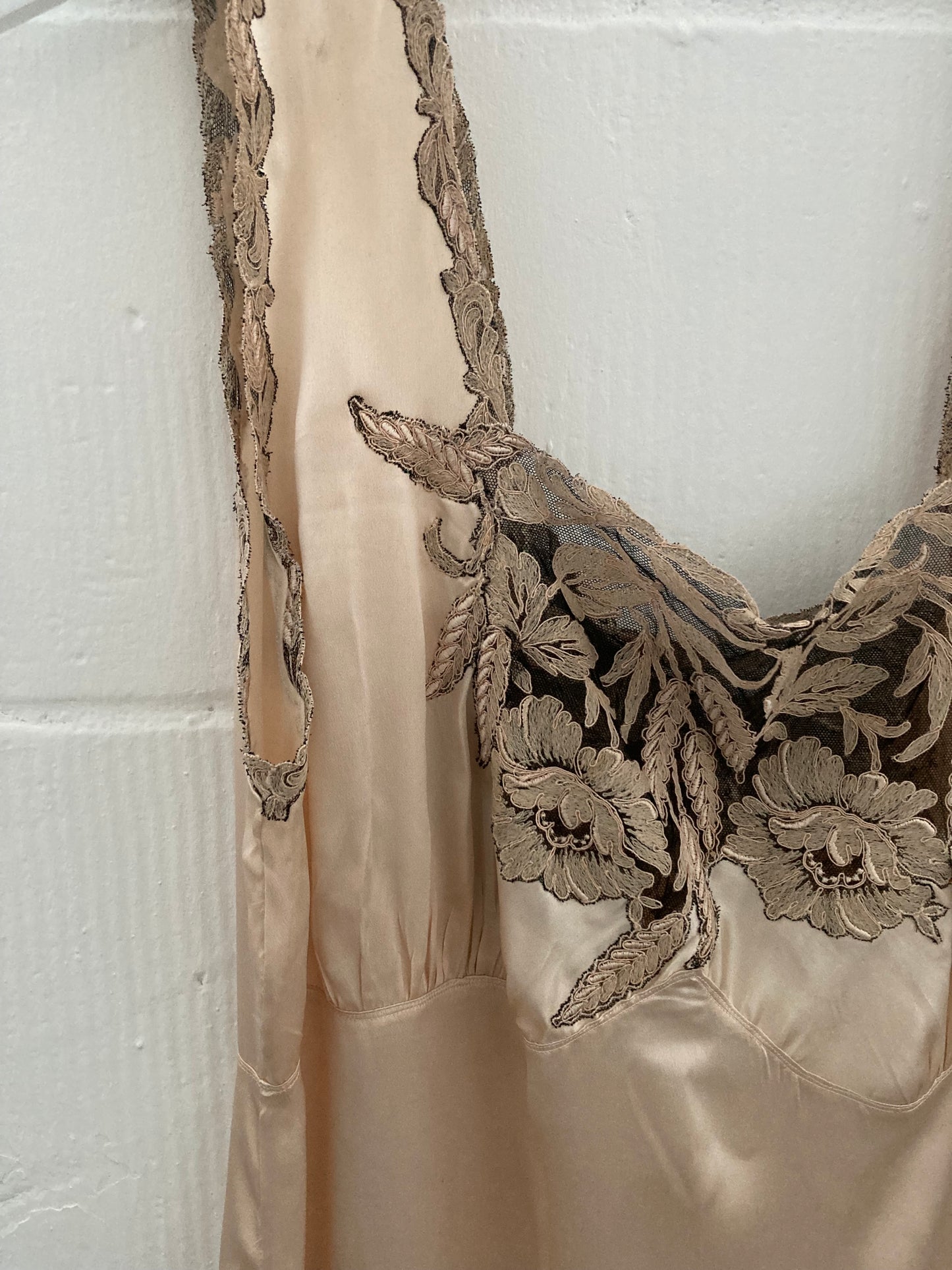 1930s Coffee Satin Slip Gown with Floral Lace