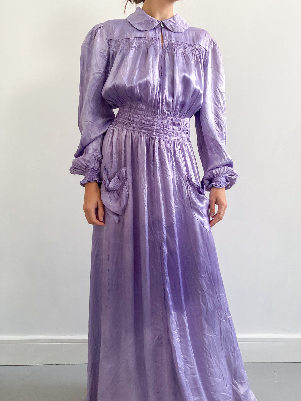 1930s Hand Dyed Satin Puff Sleeve Robe in Wisteria