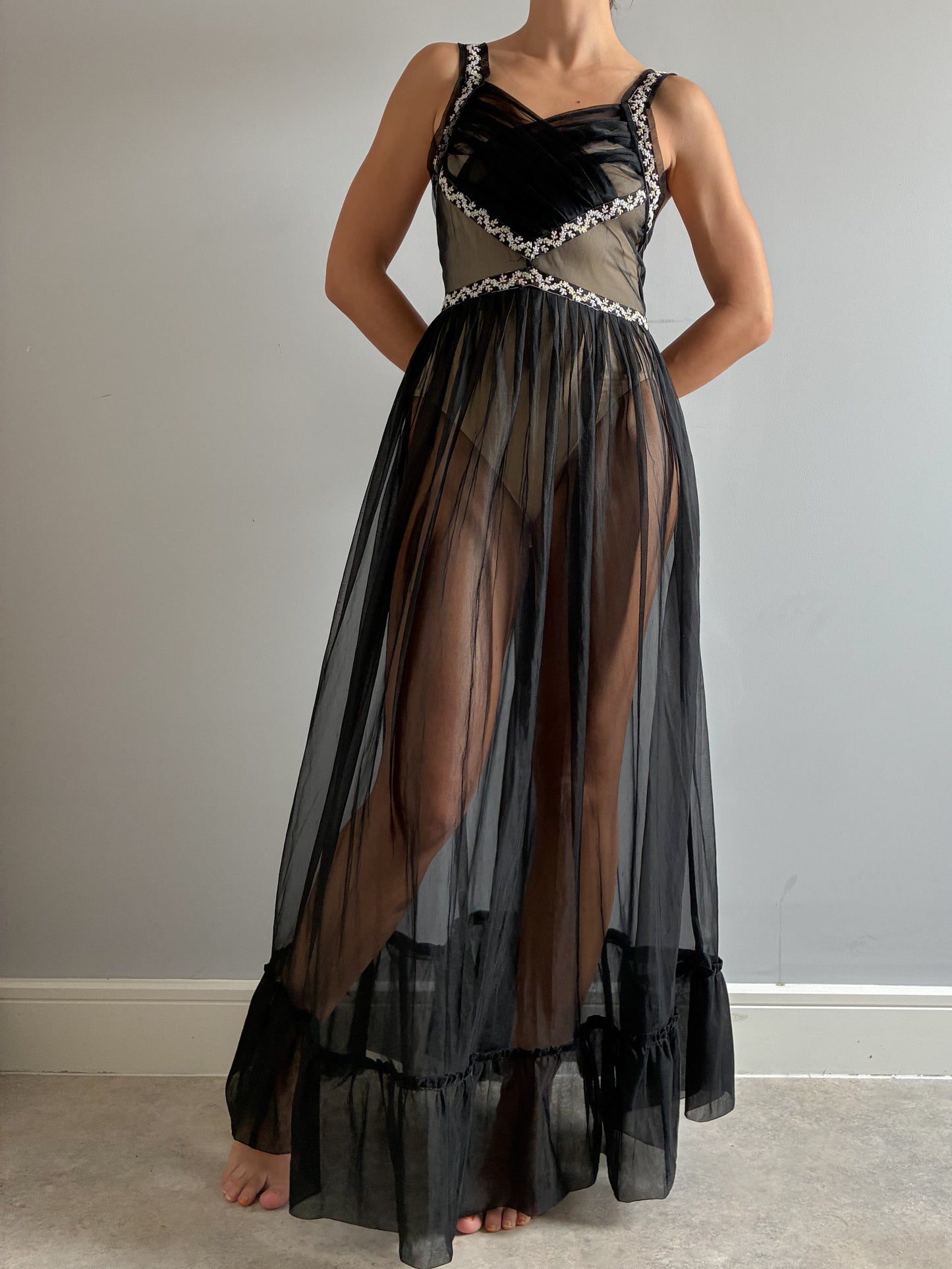 1950s Black Sheer Nightdress With Floral Embroidery