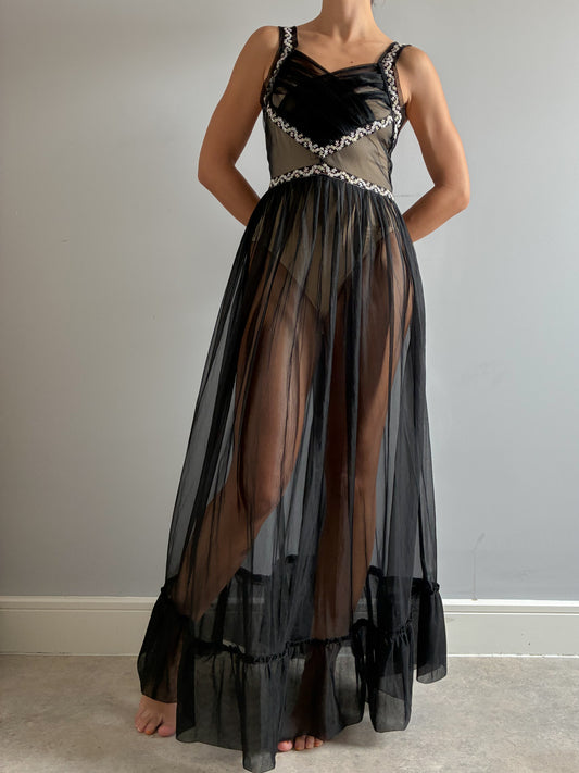 1950s Black Sheer Nightdress With Floral Embroidery