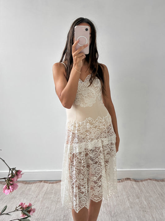 1950s Ivory All Lace Midi Slip S M