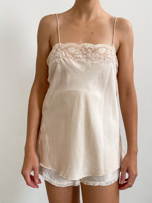 1980s Silk Peach Camisole with Lace Trim & Spaghetti Straps