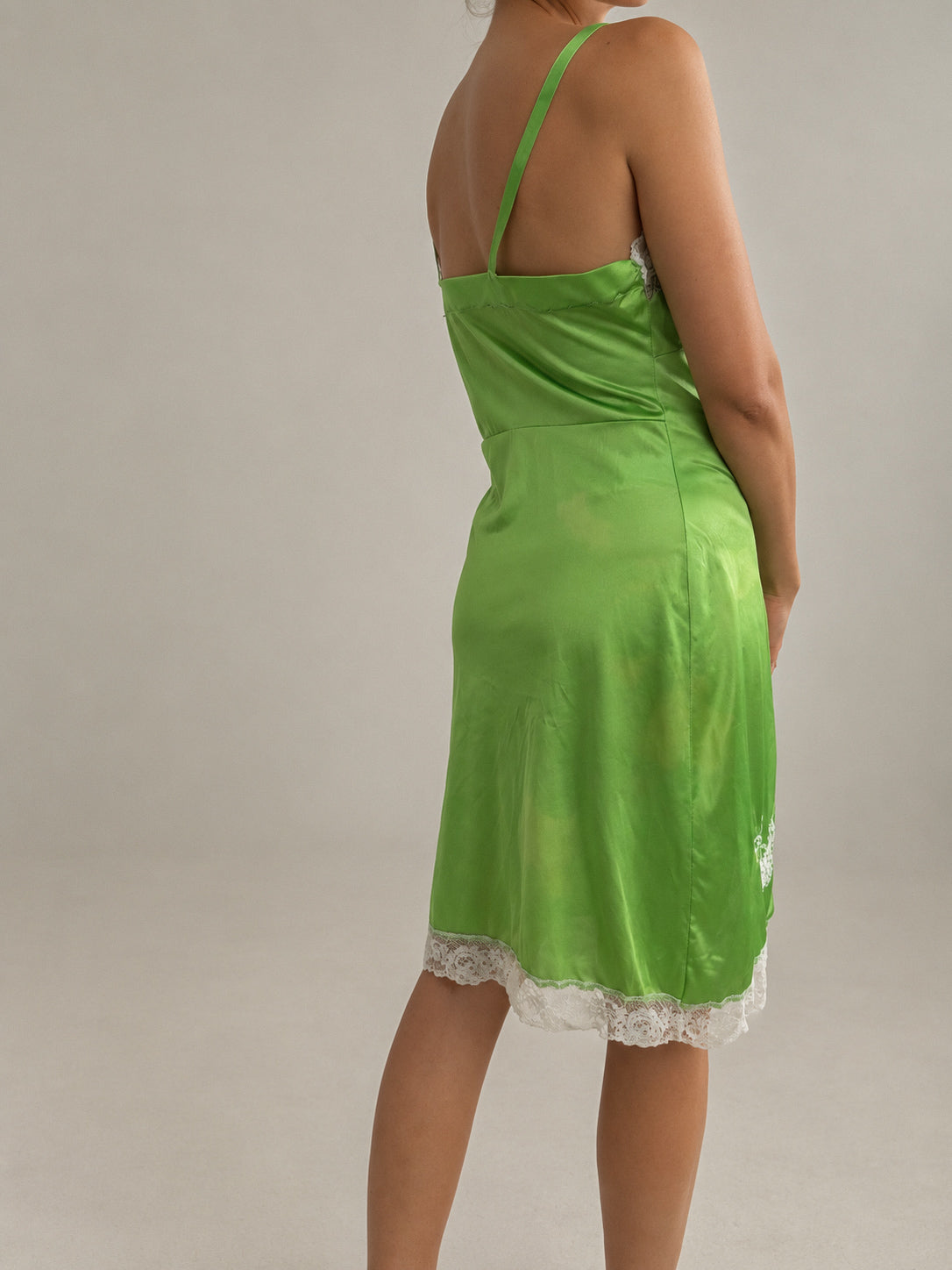1940s Satin Slip With Front Split And Lace Appliqué In Apple Green S M