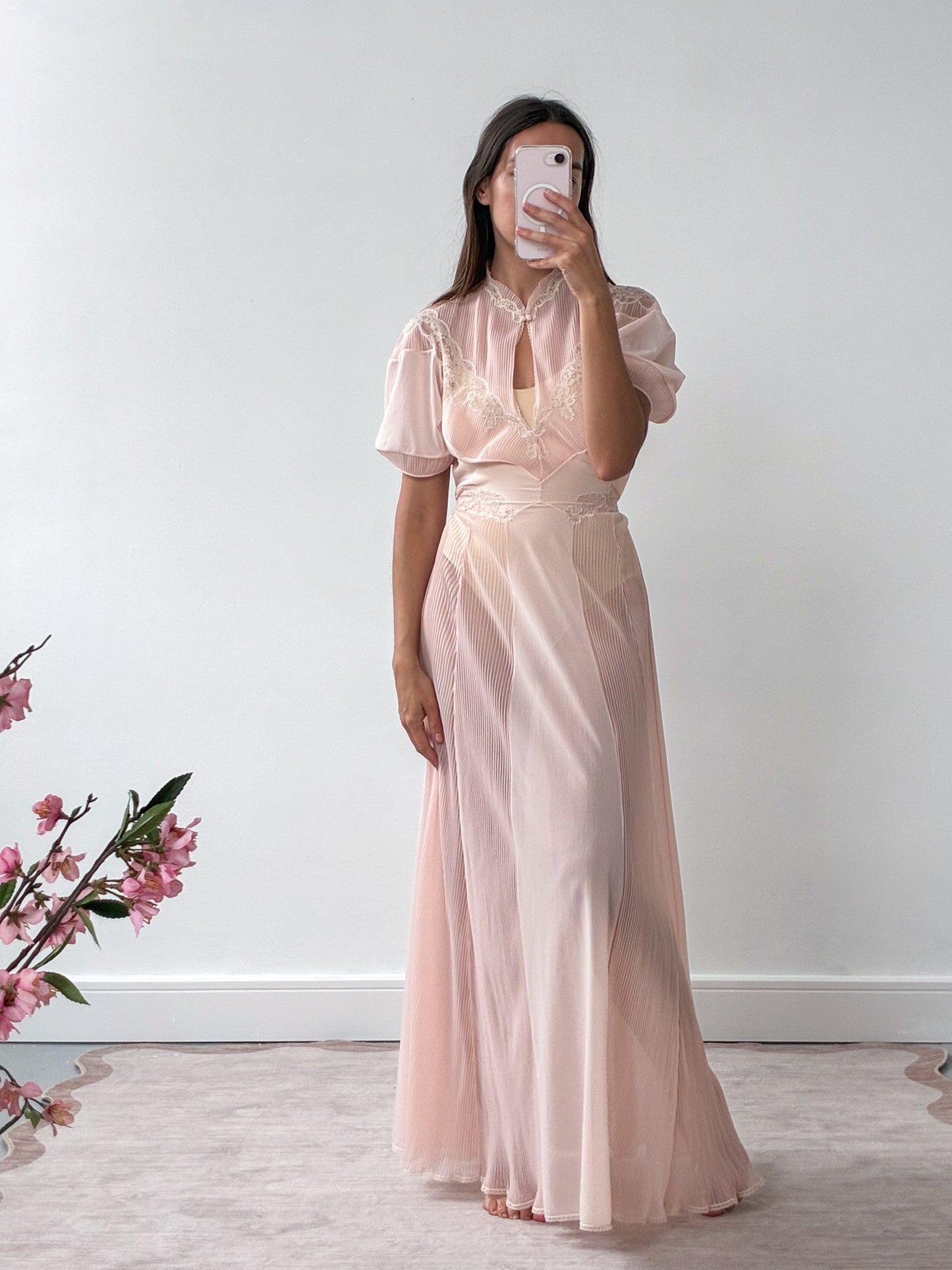 1970s Sheer Peach Nightgown With Lace Detail