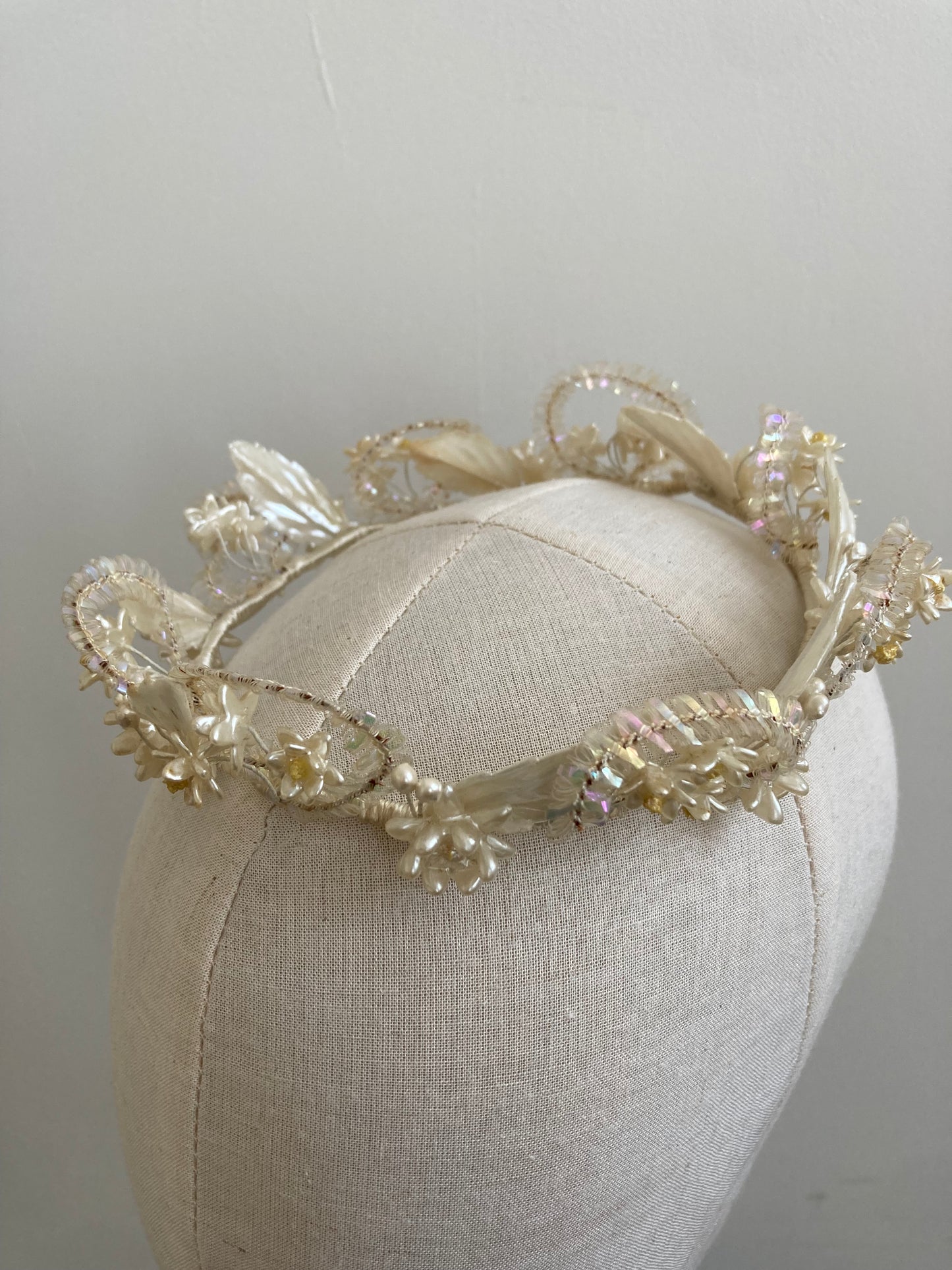 1940s Ornate Tiara with Pearlised Wax Flowers and Sequin Detail