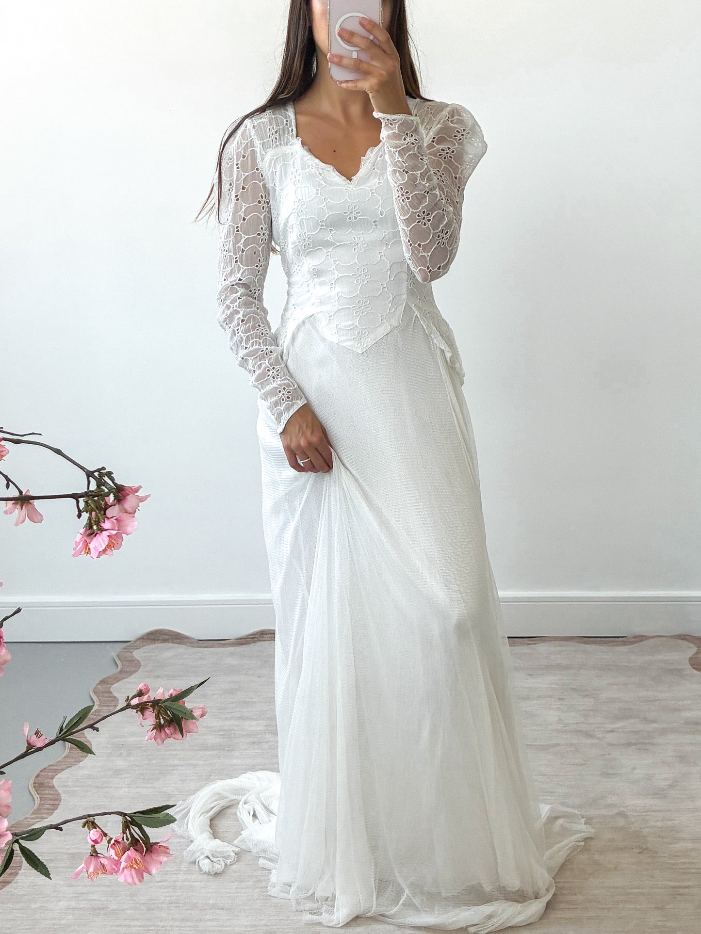 1940s Organdy Broderie and Net Wedding Dress with Train XS S