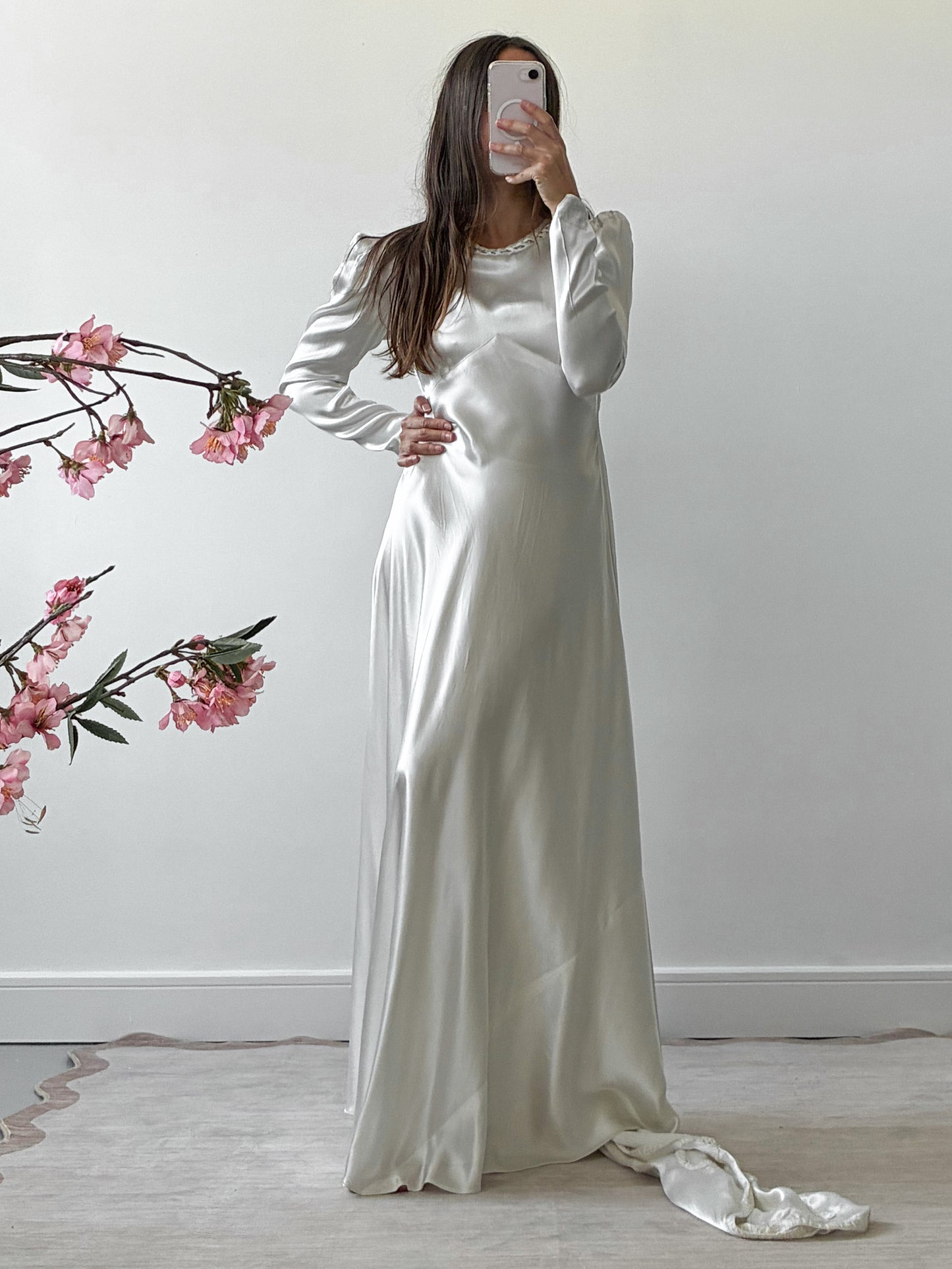 1940s Satin Dress With Wateau Train and Bow Detail