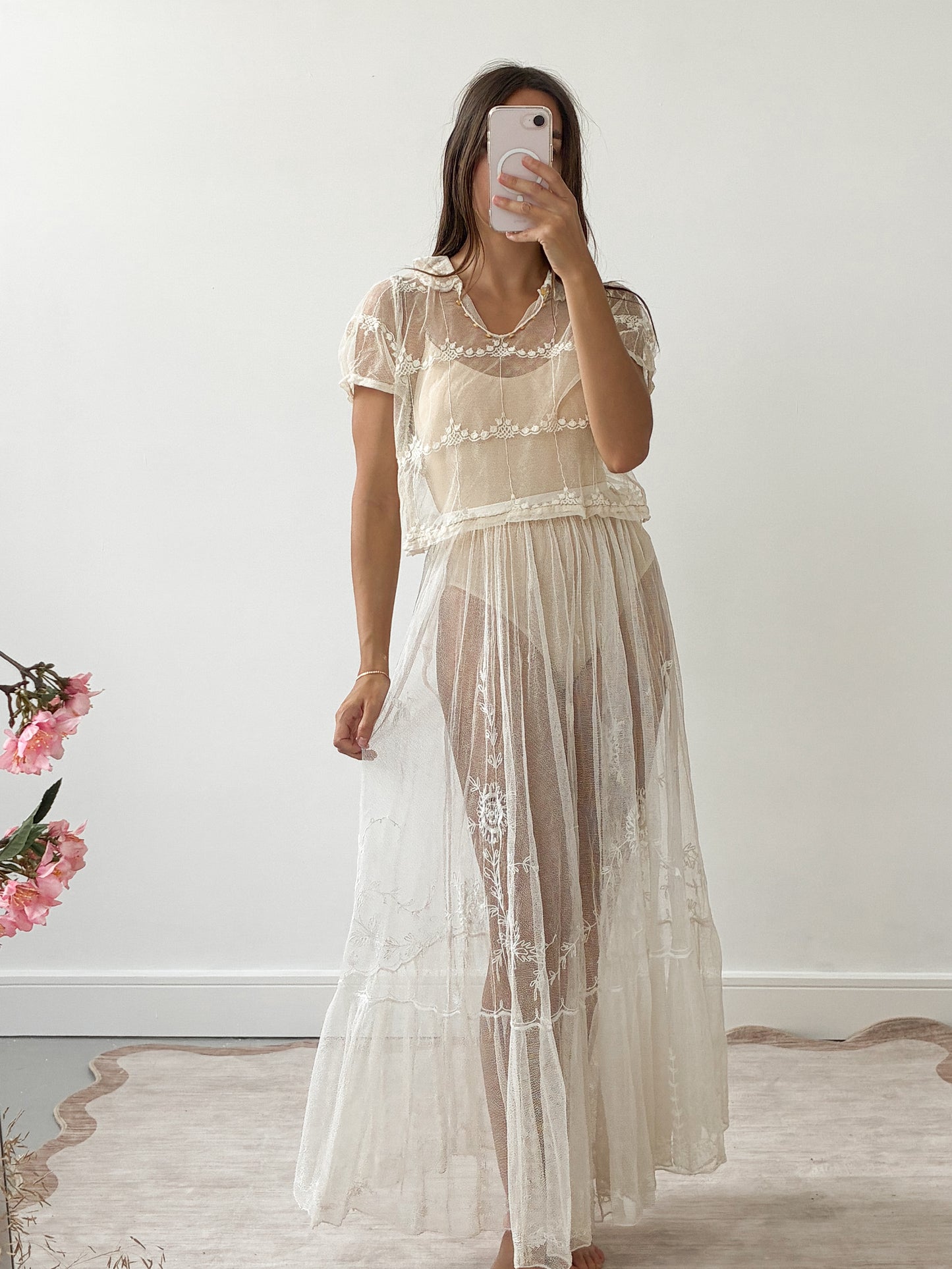 Antique French Embroidered Net Blouse In Cream S