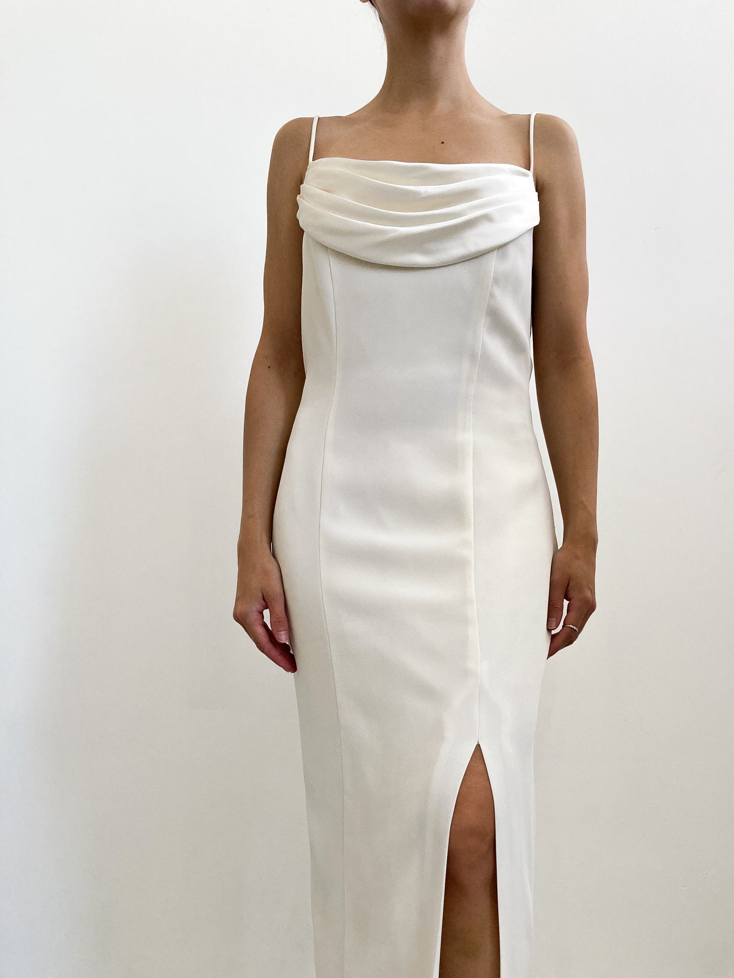 1990s Crepe Minimalist Wedding Dress with Pleated Detail & Spaghetti Straps