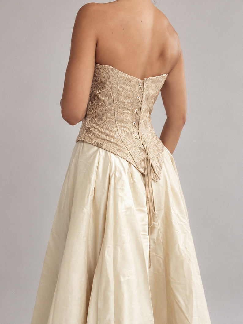 1990s Silk Boned Lace-Up Corset In Champagne Gold XS S M