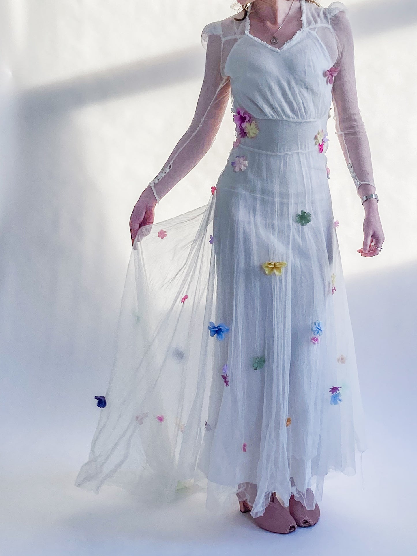 1930s Net Wedding Dress With Flowers and Cathedral Train