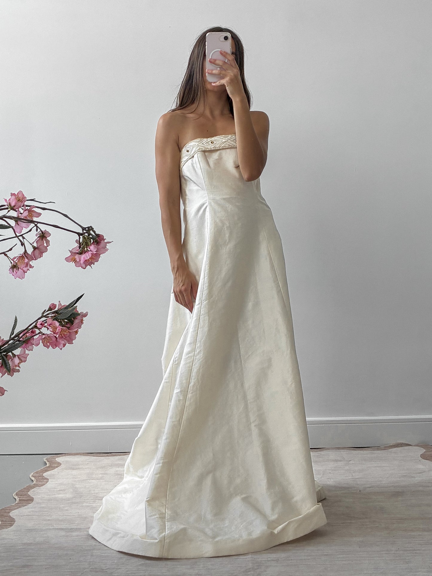 1990s Strapless Silk Boned Wedding Dress With Train And Convertible Beaded Trim
