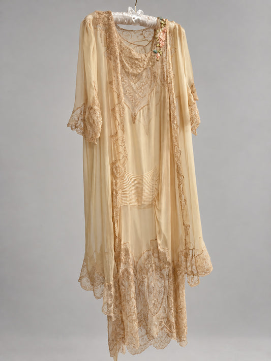 1920s Yellow Silk Chiffon Set With French Lace M L