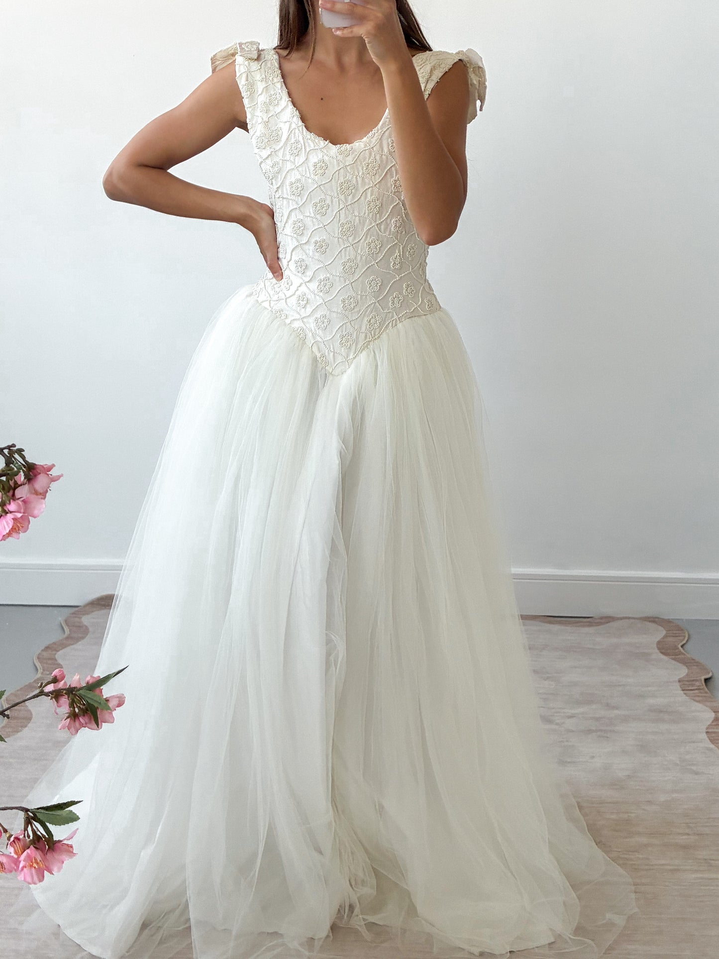 1990s Tulle Gown With Silk & Pearl Embroidered Corset And Bow Detail