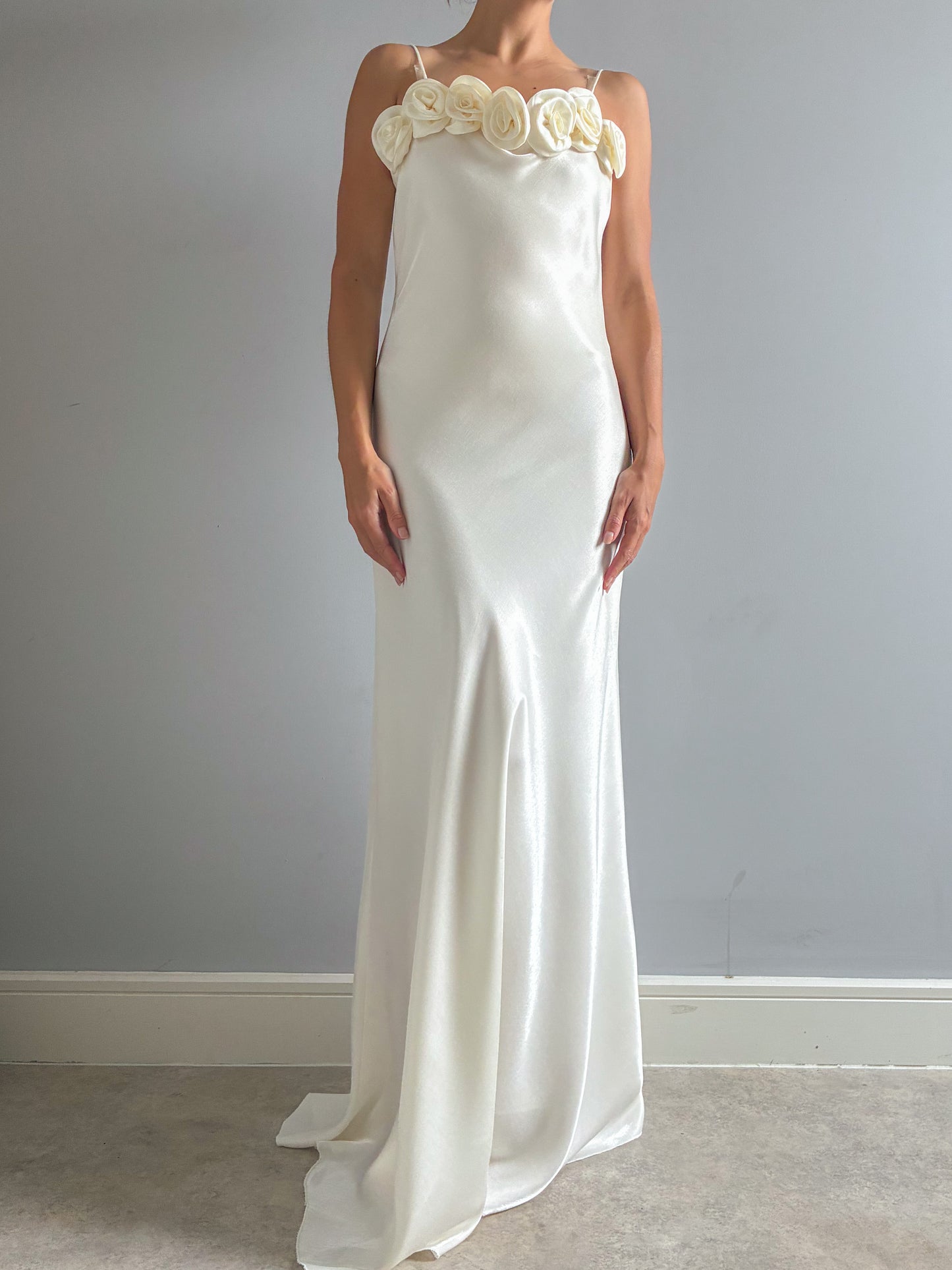 1990s Minimalist Satin Wedding Dress With Rose Detail