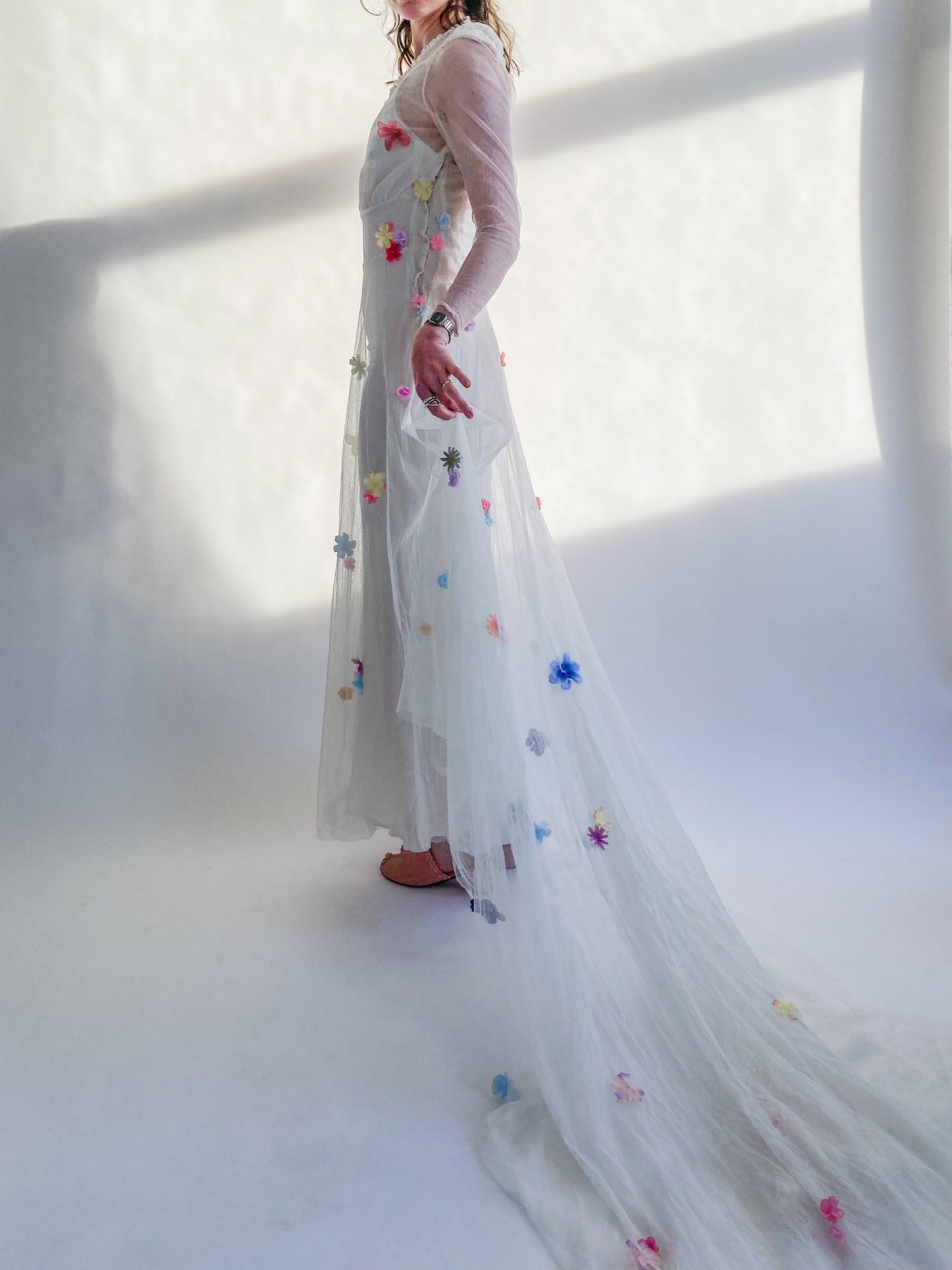 1930s Net Wedding Dress With Flowers and Cathedral Train