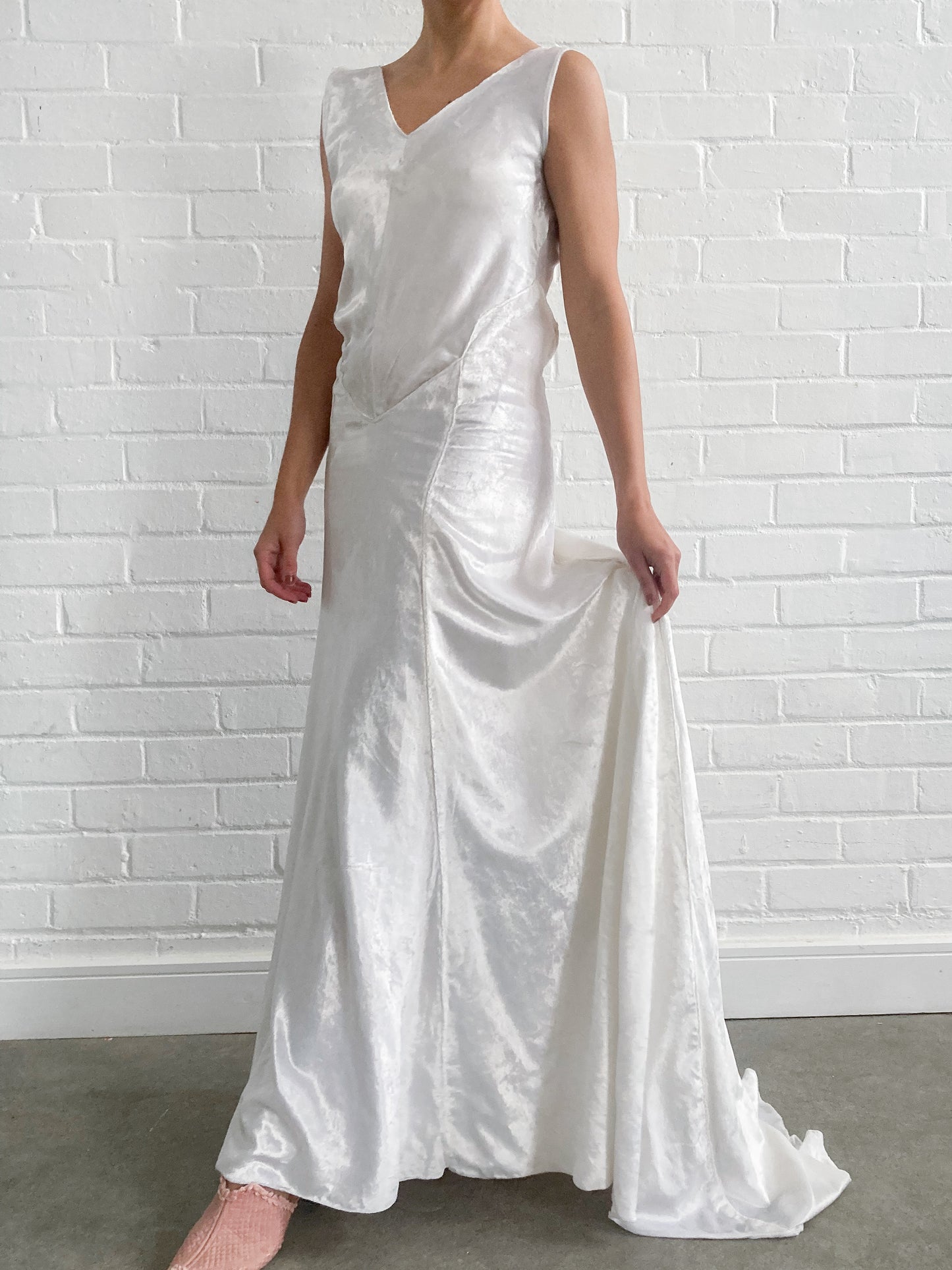 1930s Crushed Velvet Bias Cut Wedding Gown With Sweep Train