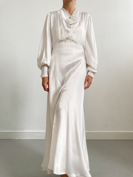 1930s Ivory Satin Wedding Gown with Cowl Neck