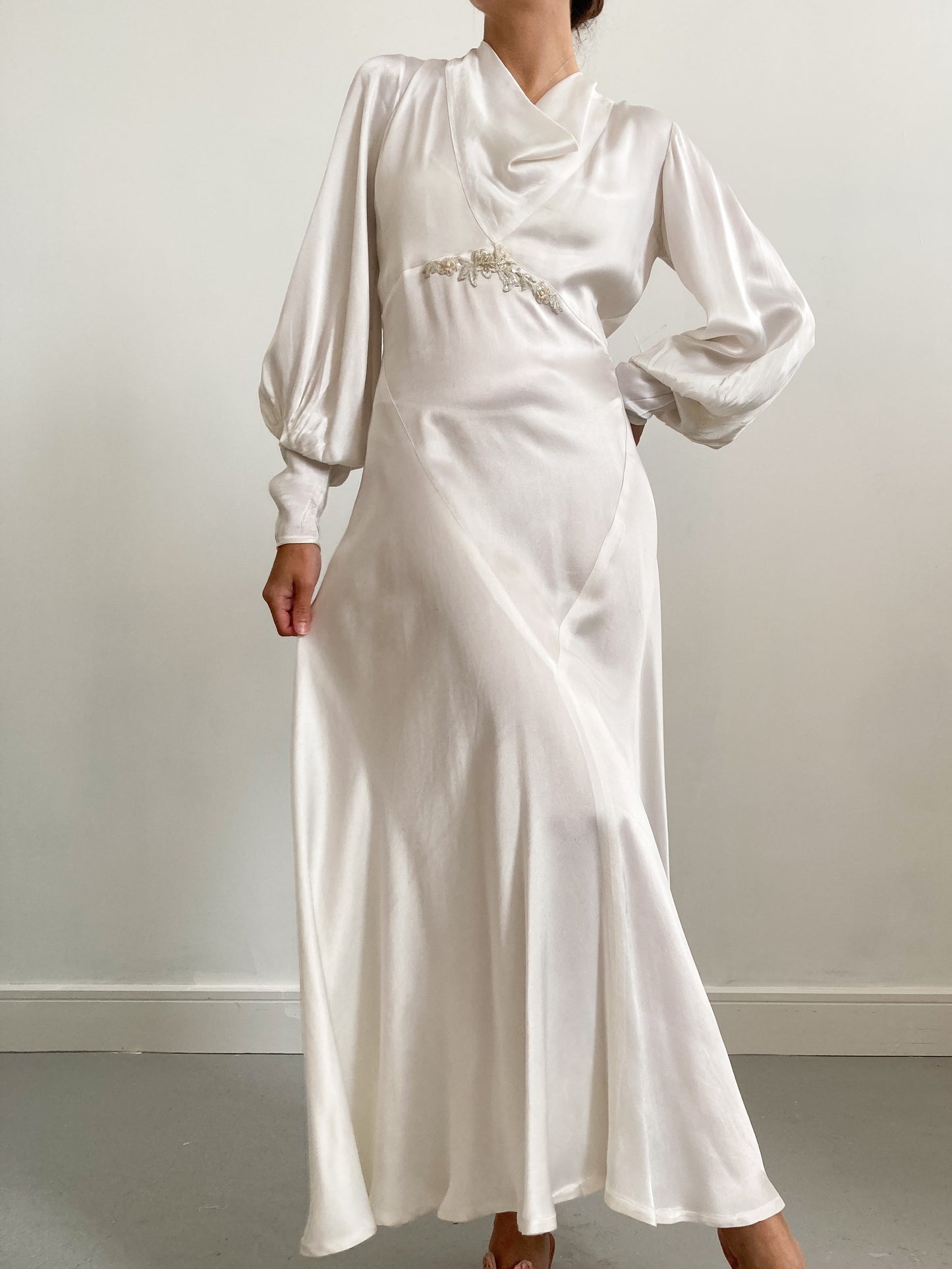 1930s Ivory Satin Wedding Gown with Cowl Neck