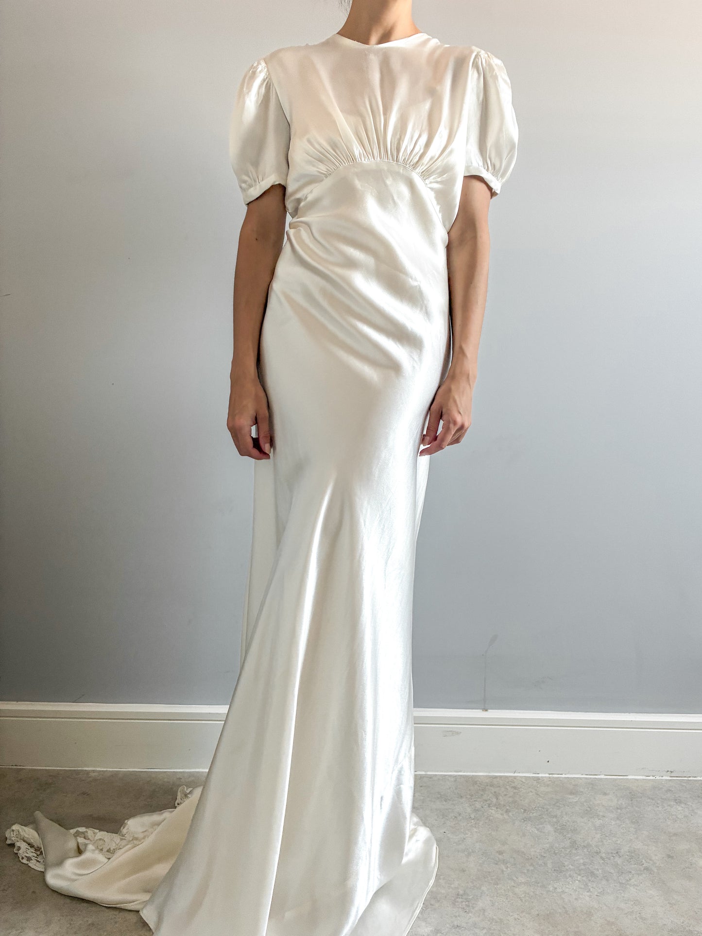 1930s Ivory Silk Puff Sleeve Wedding Dress With Lace & Puddle Train