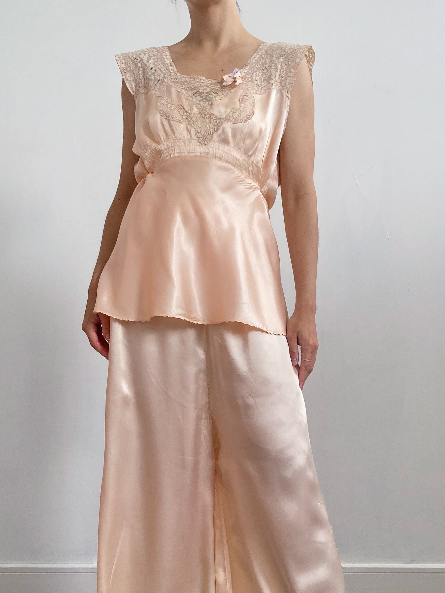 1930s Peach Satin Pyjama Set with Alencon Lace