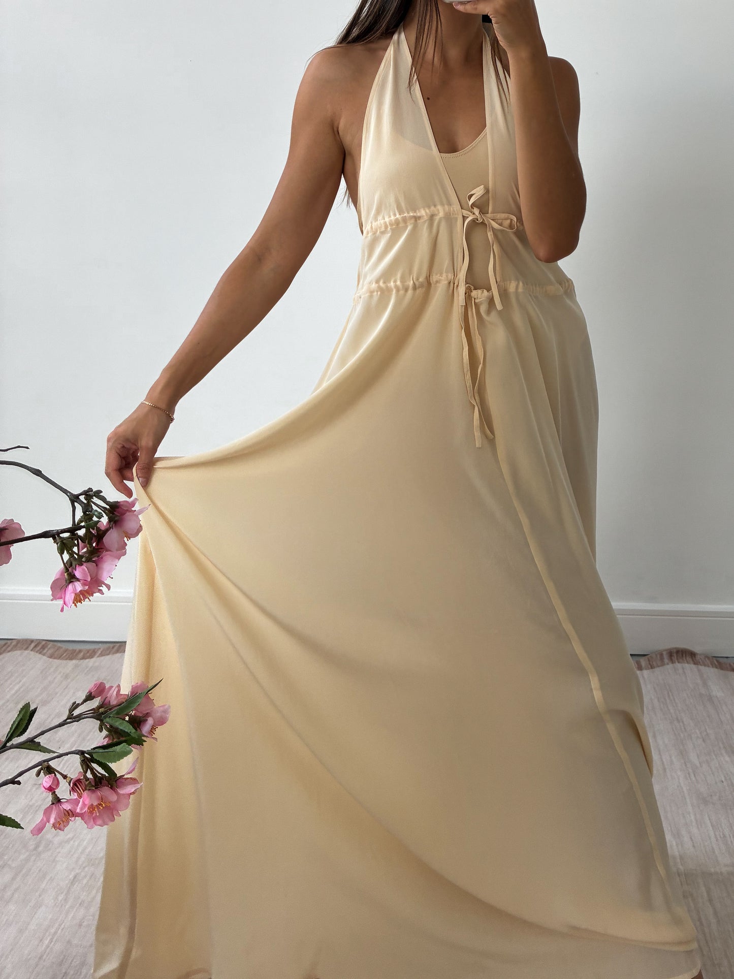 1990s Yellow Silk Halterneck Gown L XL